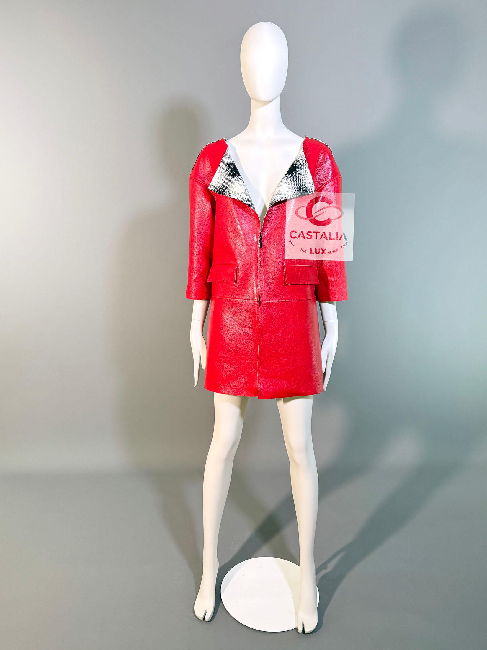 Veste en cuir et tweed rouge Rita Ora style Chanel 11K$ neuve, 38 FR en vente 3
