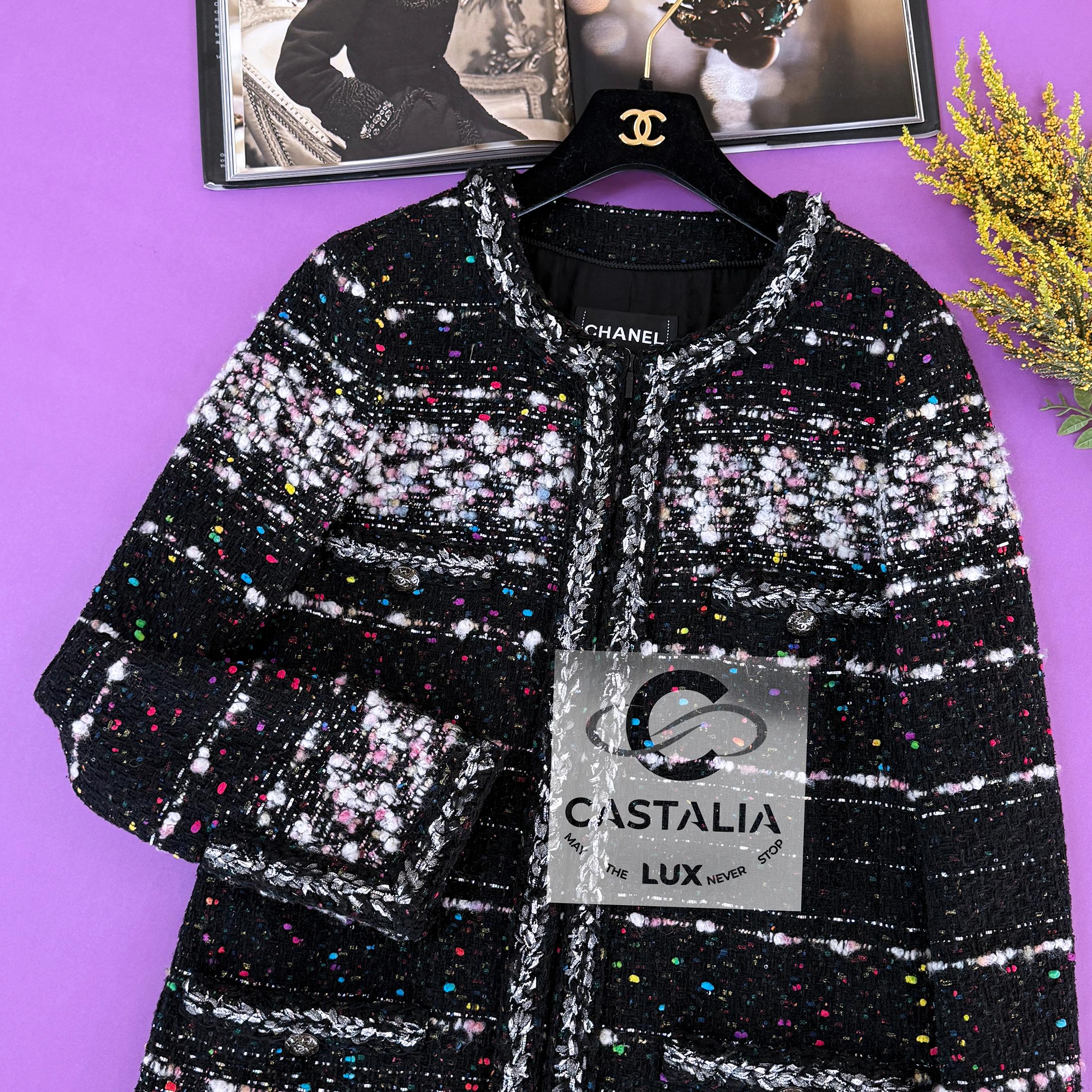 Chanel 11K$ New Supermarket Collection Black Tweed Coat 46 FR im Angebot 8