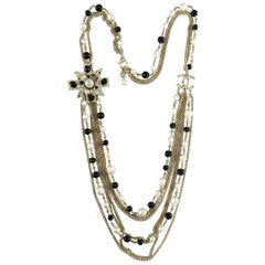 CHANEL 11P gold multi-strand Maltese Cross Necklace with Black and Pearl Beads