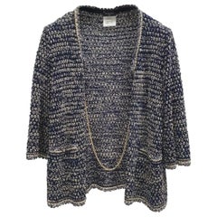CHANEL 11S Beige Navy Knit CC Logo Button Cardigan