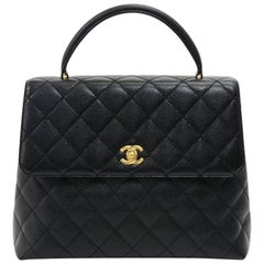 Chanel 12 Inch Kelly Style Black Quilted Caviar Leather Hand Bag