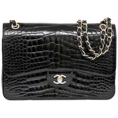Chanel 12A Black Alligator Classic Jumbo Gold Hardware Double Flap Bag