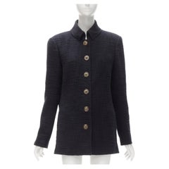 CHANEL 12A Schwarze Boucle-Tweedjacke mit goldenem, grünem Blumenharz und Knopfleiste FR42 XL