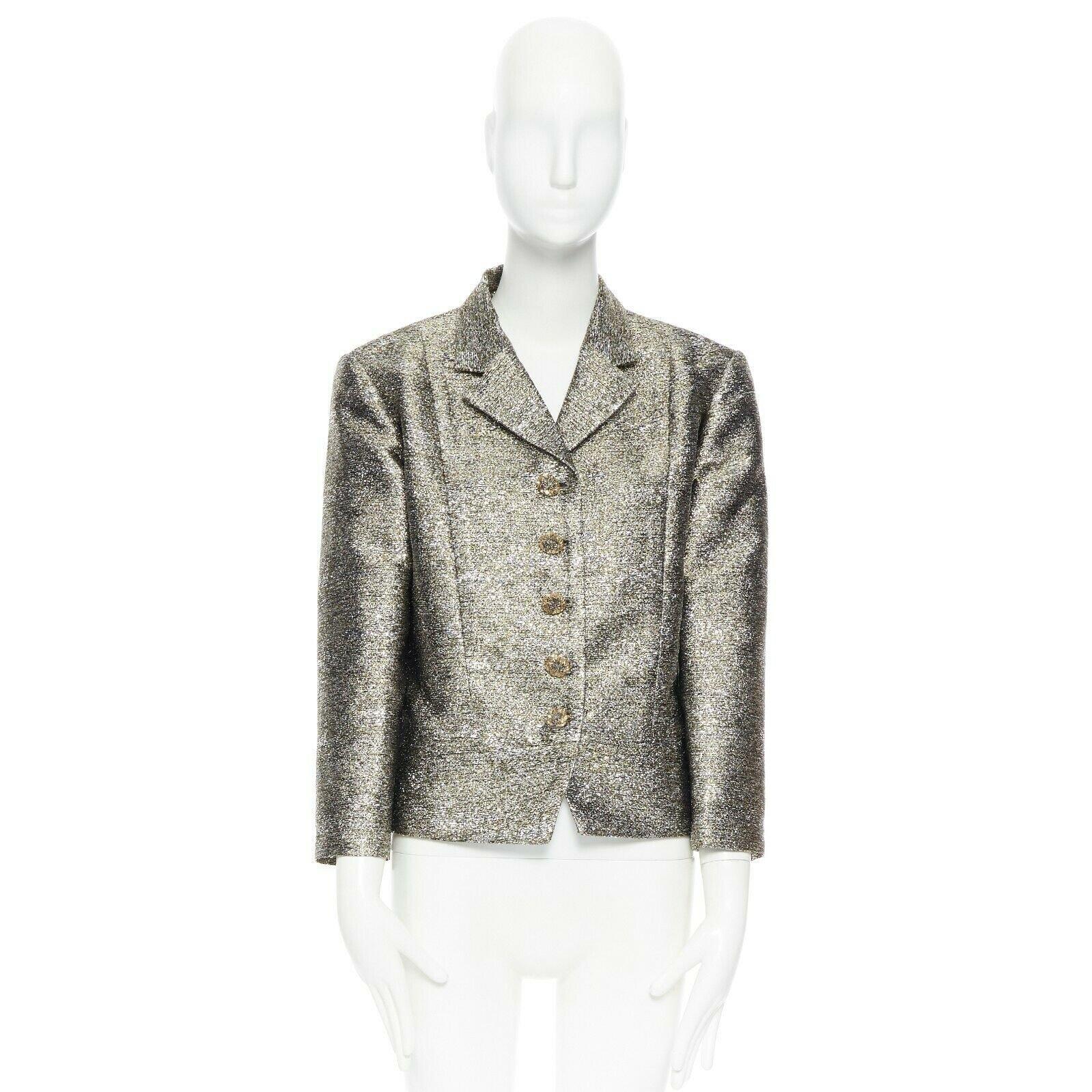 CHANEL 12A metallic silver gold quartz 3/4 sleeves cropped boxy jacket FR50 1