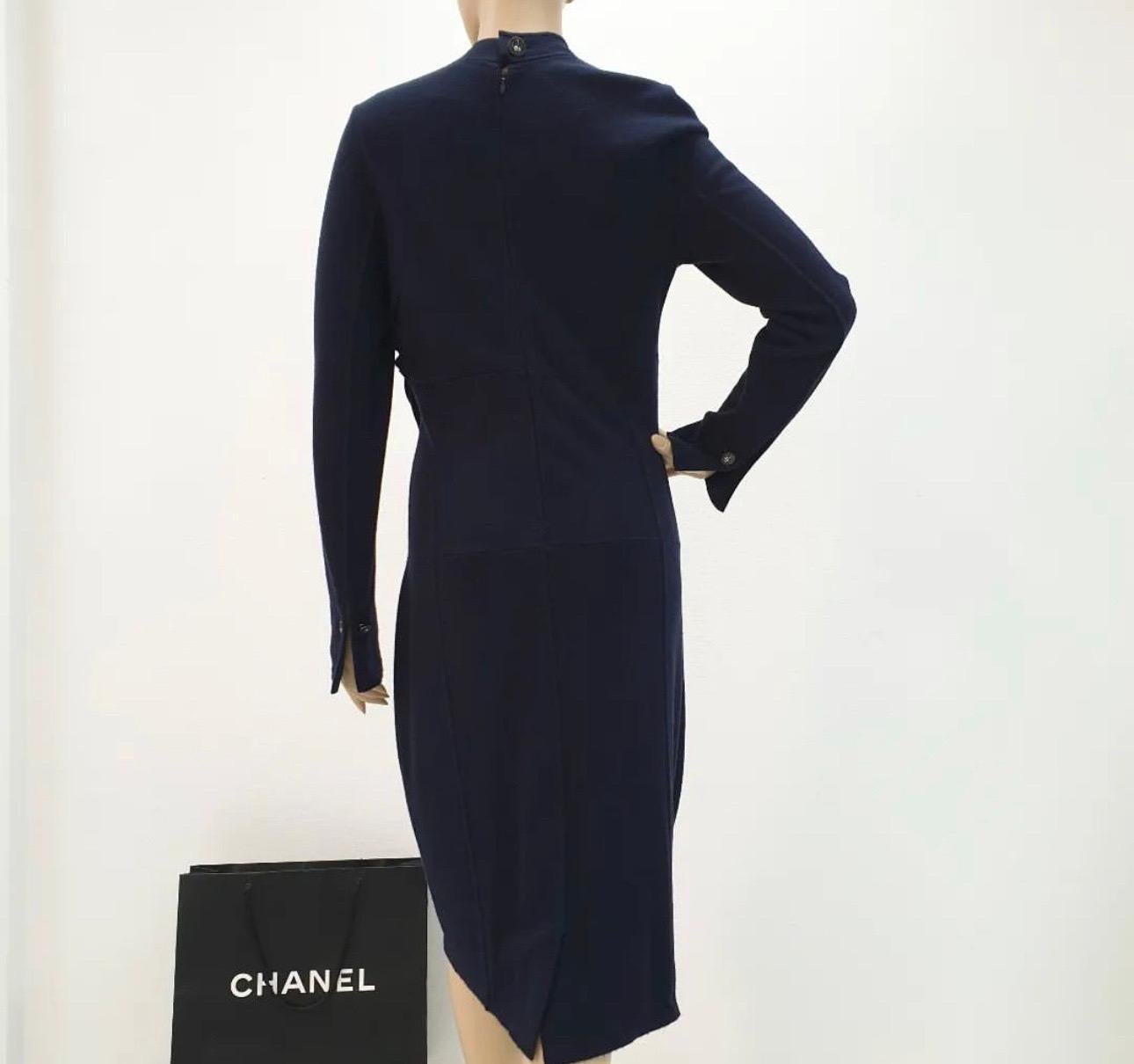 Women's CHANEL 12A Navy Blue Wool Long Sleeve CC Logo Dress For Sale