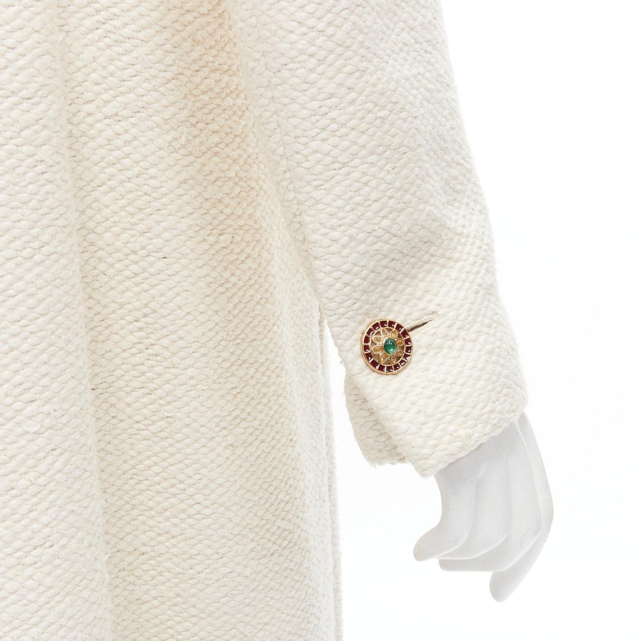 CHANEL 12A Paris Bombay ecru beige wool pink lining enamel button coat L For Sale 6