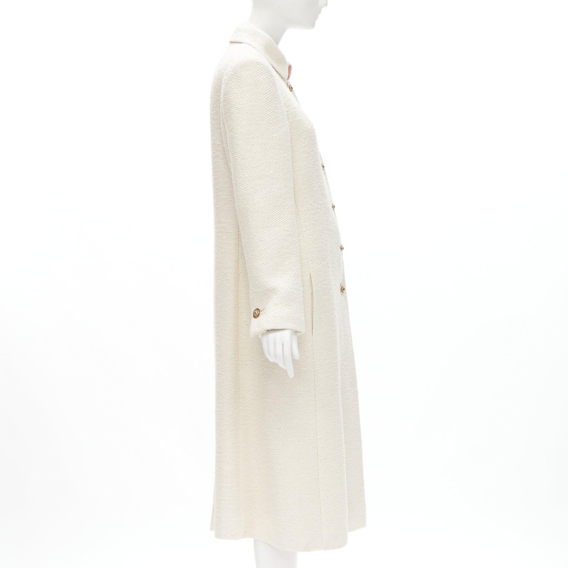 CHANEL 12A Paris Bombay ecru beige wool pink lining enamel button coat L For Sale 1