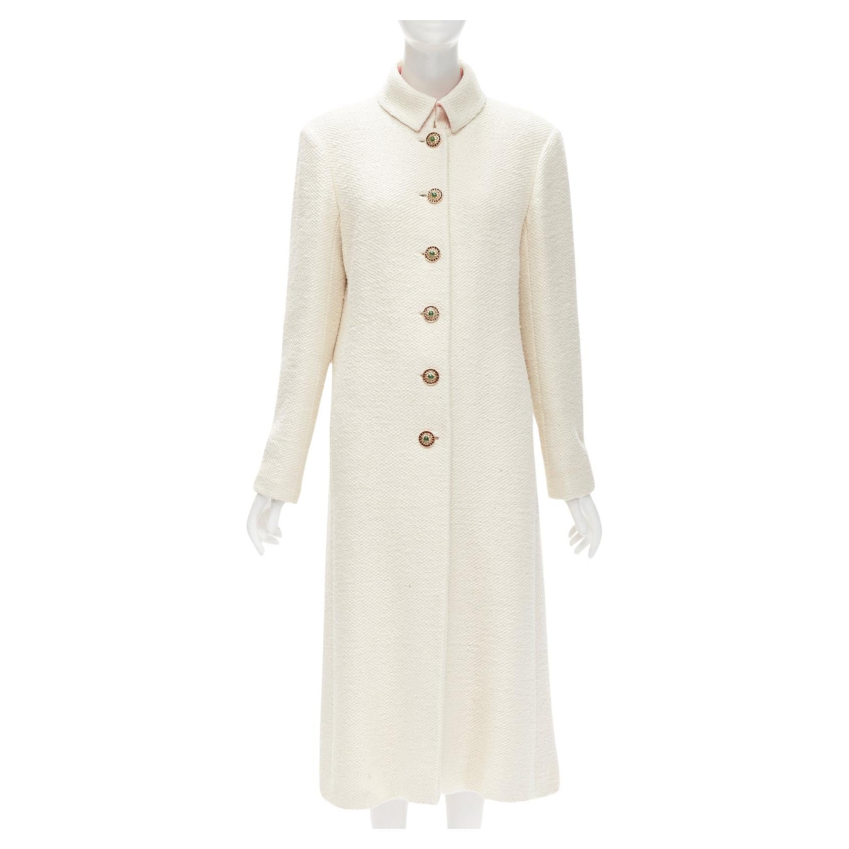 CHANEL 12A Paris Bombay ecru beige wool pink lining enamel button coat L For Sale