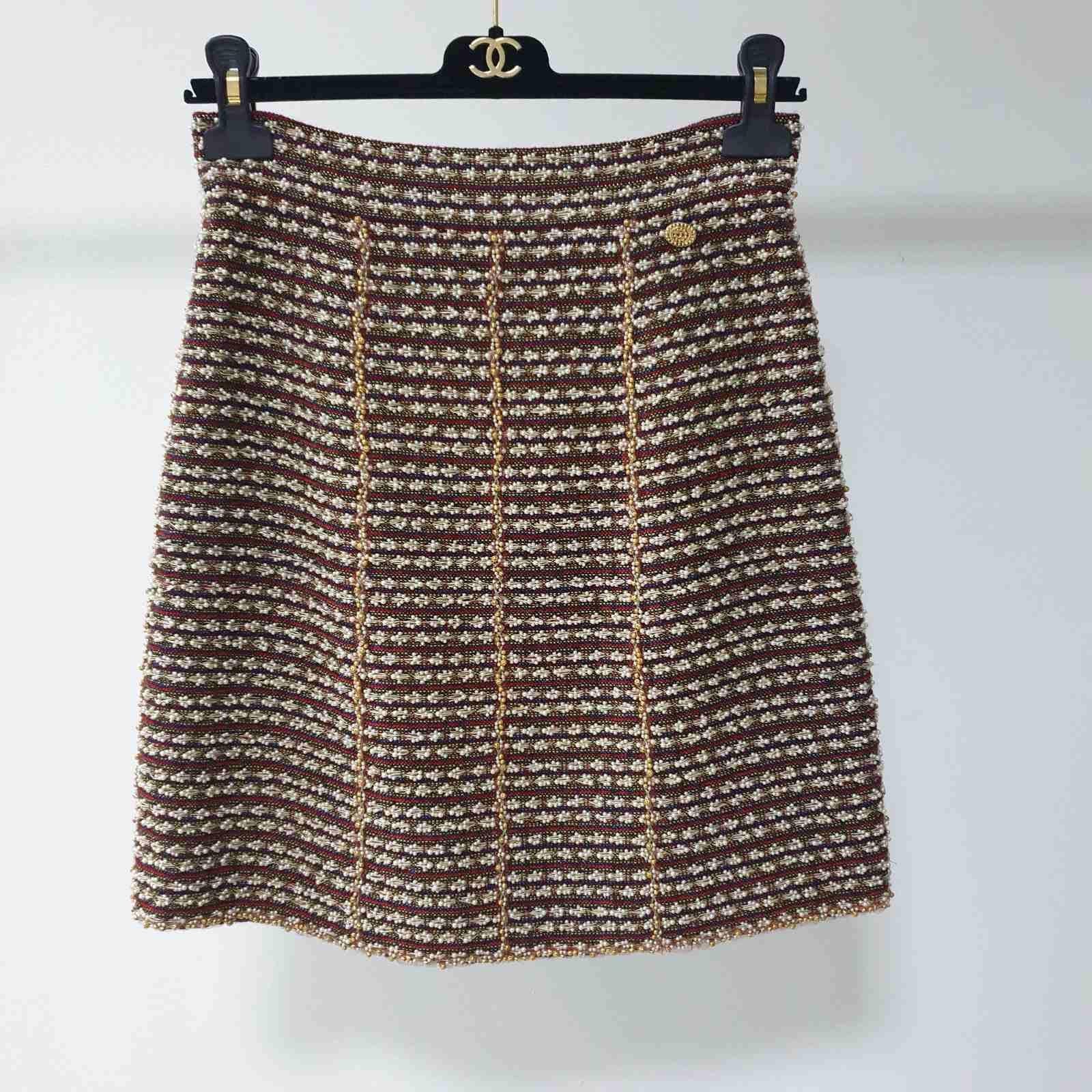 Chanel 12A Paris Bombay Pearl Chain Jacket Skirt Suit 12