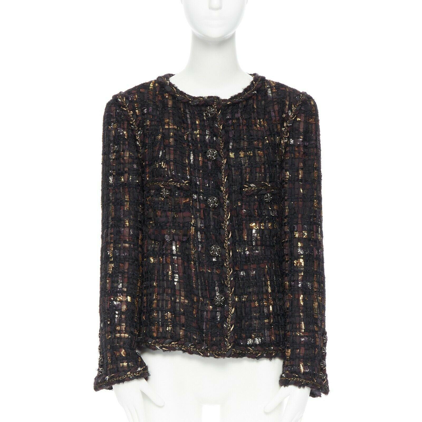 CHANEL 12A purple fantasy ribbon tweed braid trim bejewel button jacket FR46 In Excellent Condition In Hong Kong, NT