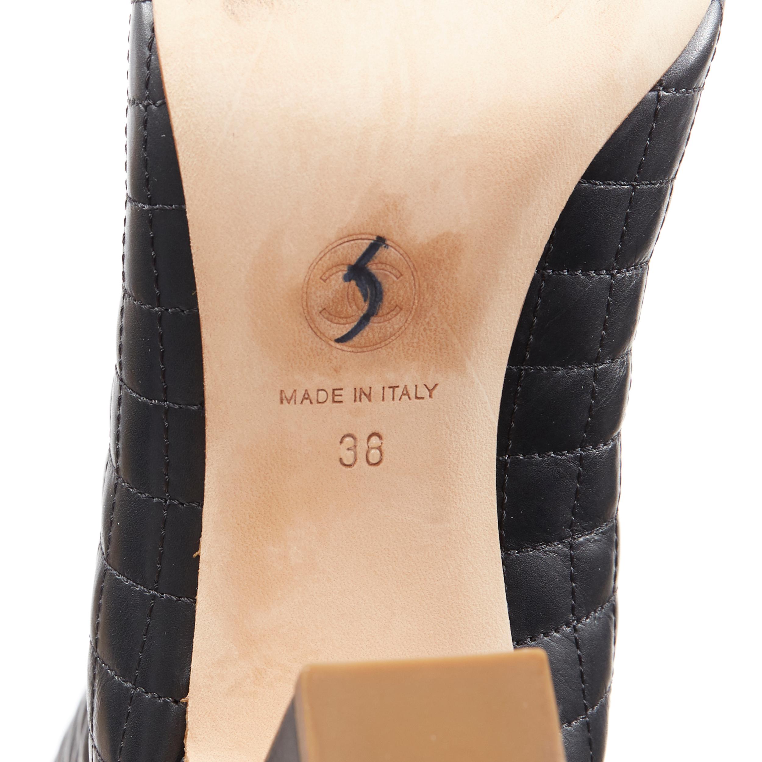 CHANEL 12C negro diamante acolchado de cuero metal CC puntera rodilla bota alta EU38 6