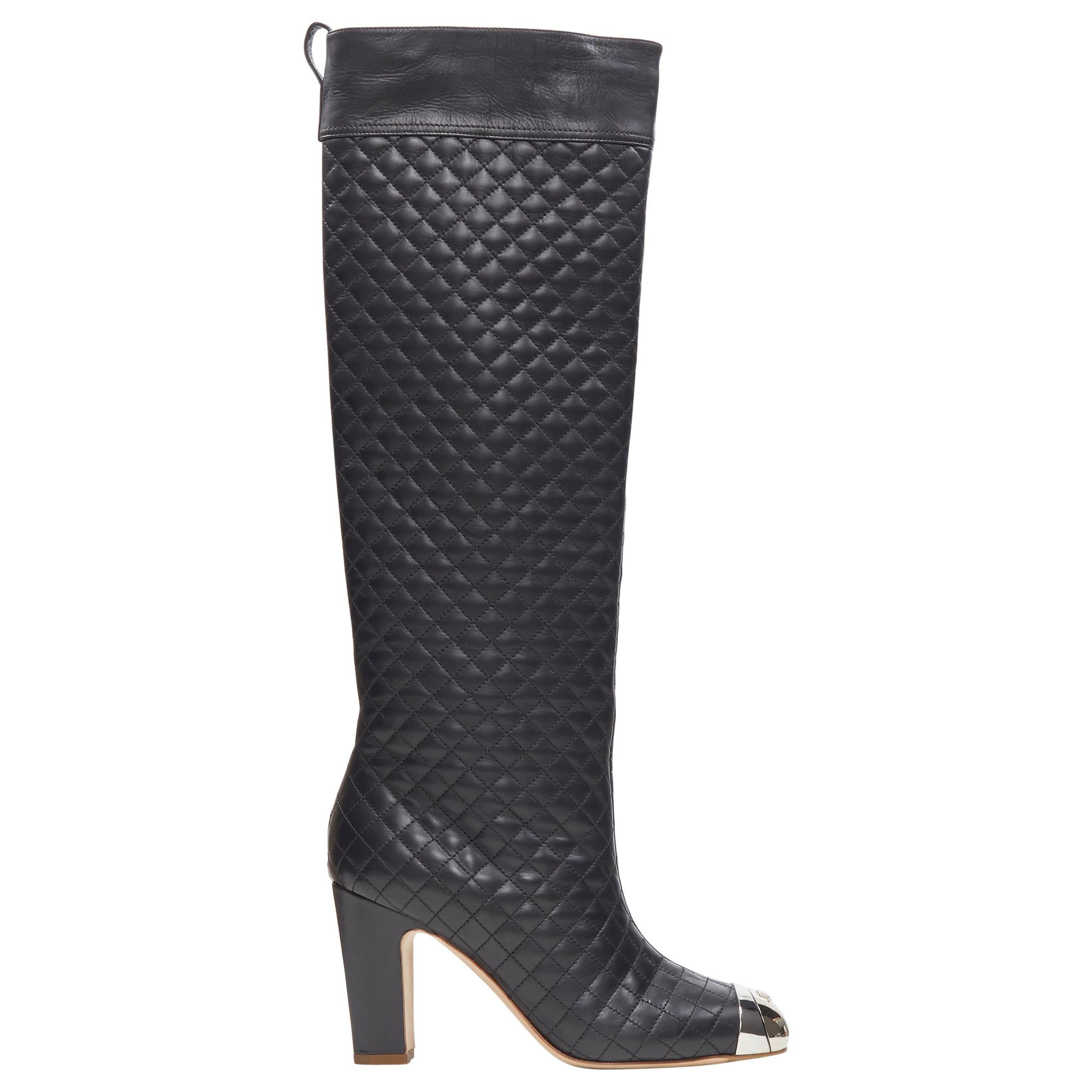 CHANEL 12C black diamond quilted leather metal CC toe knee high