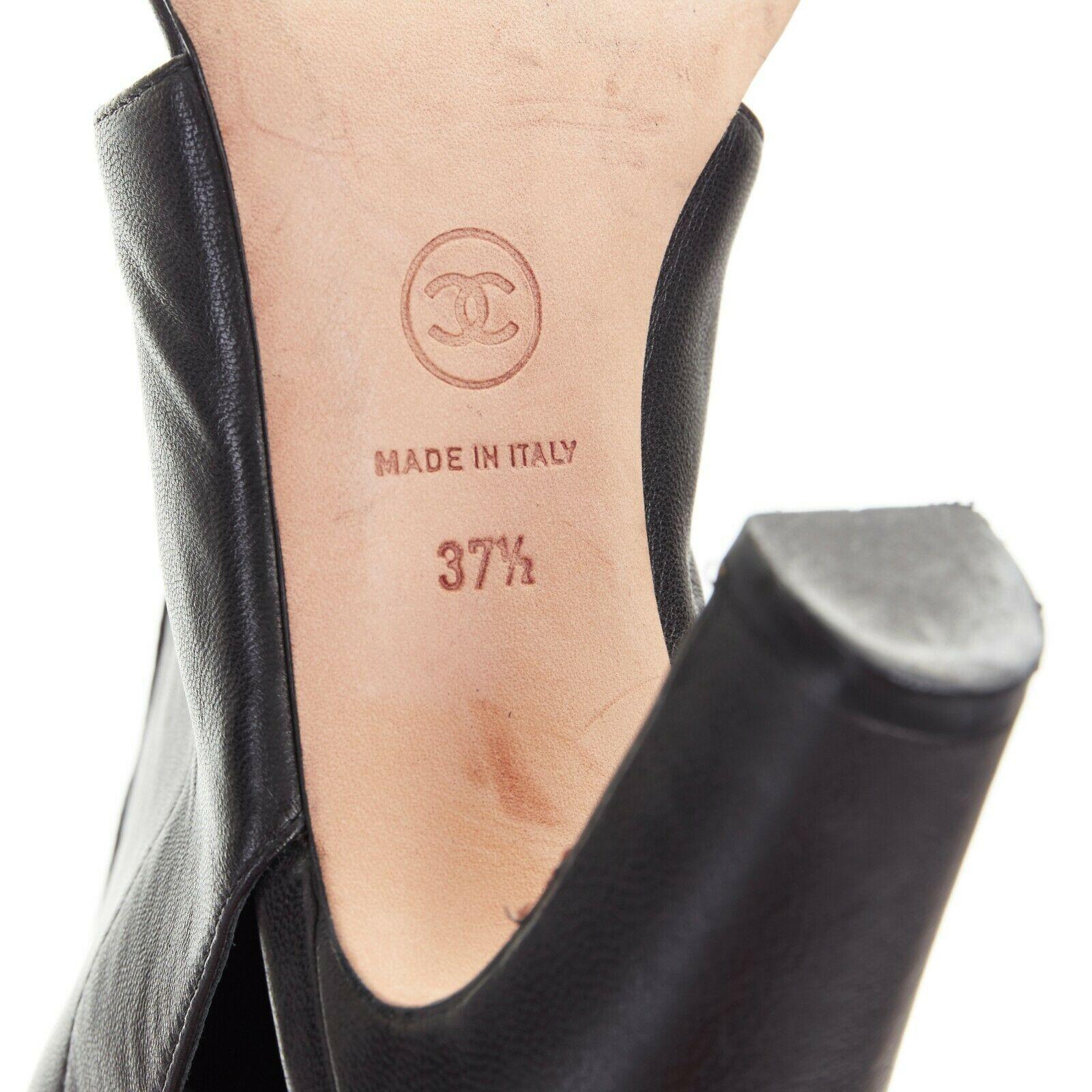 CHANEL 12C black stretch soft leather open toe thong sandal CC heel boot EU37.5 2