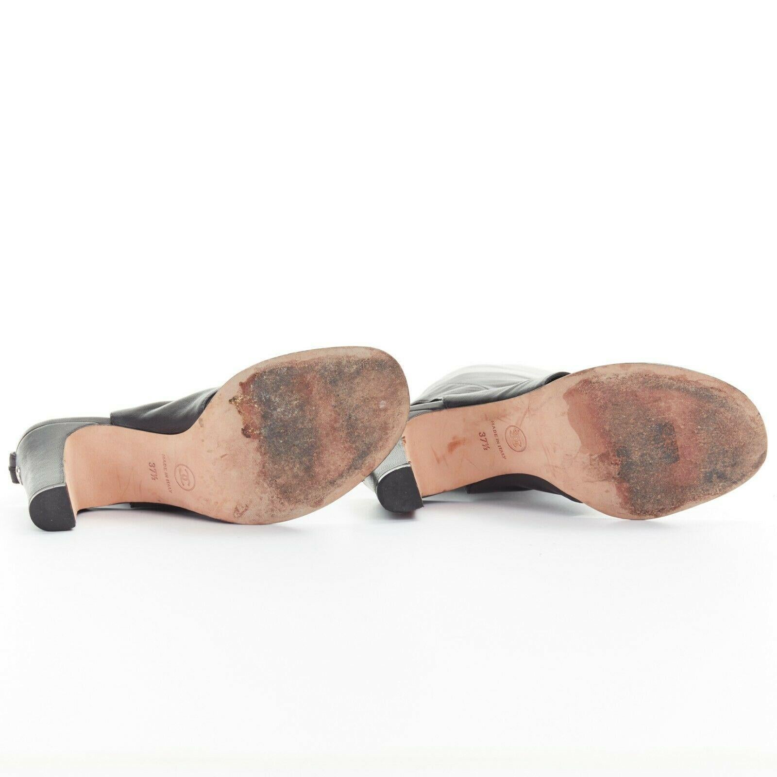 Black CHANEL 12C black stretch soft leather open toe thong sandal CC heel boot EU37.5