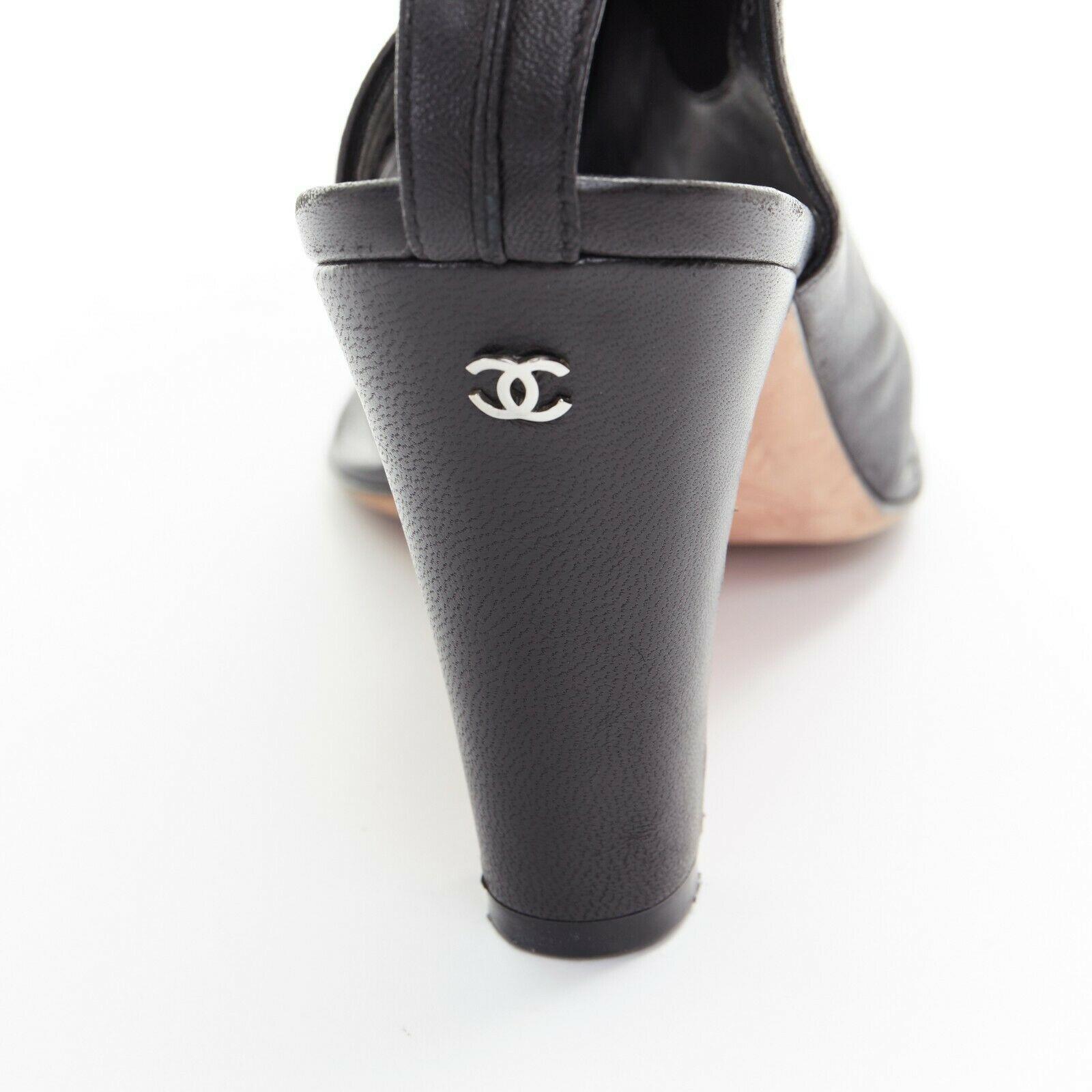 CHANEL 12C black stretch soft leather open toe thong sandal CC heel boot EU37.5 1