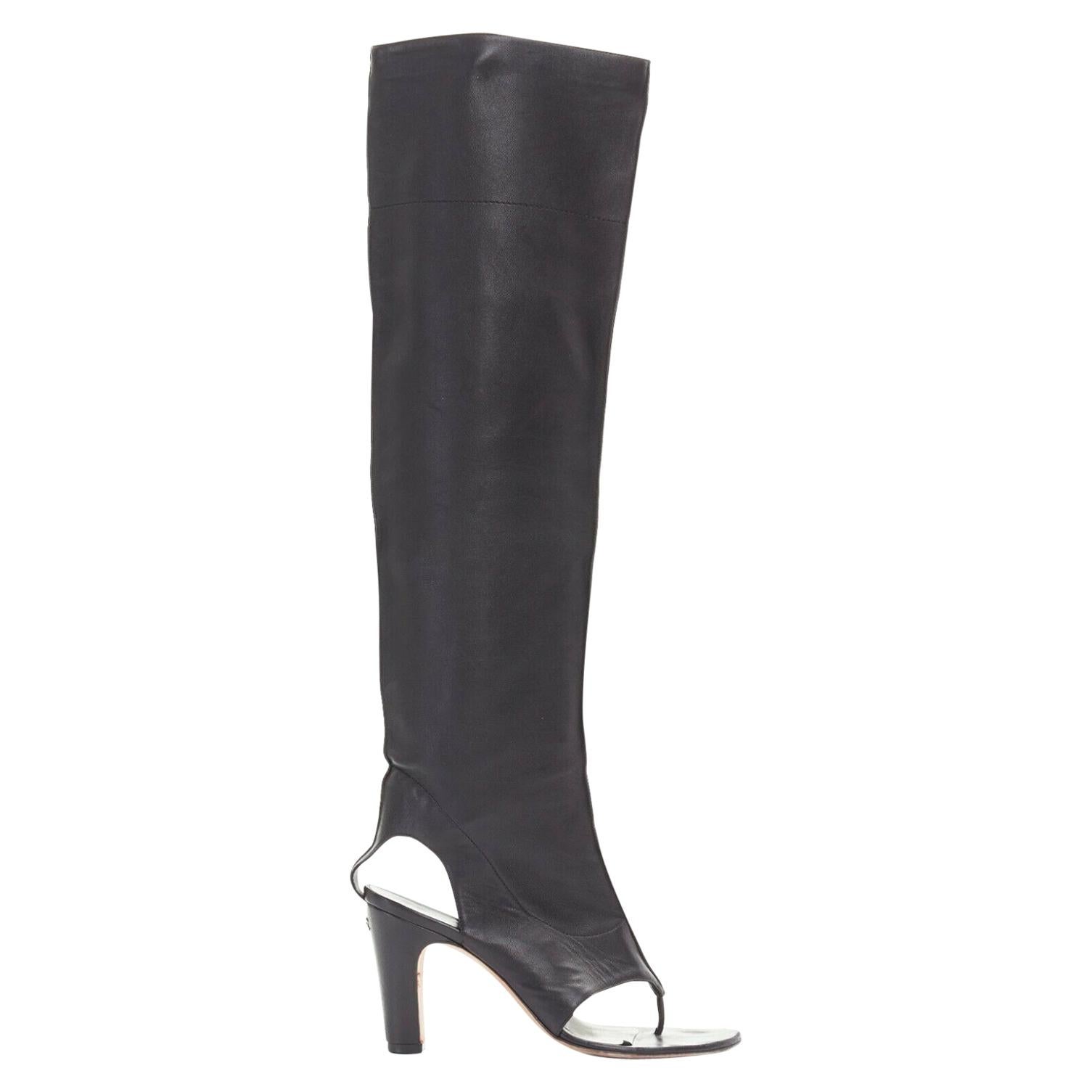 CHANEL 12C black stretch soft leather open toe thong sandal CC heel boot EU37.5