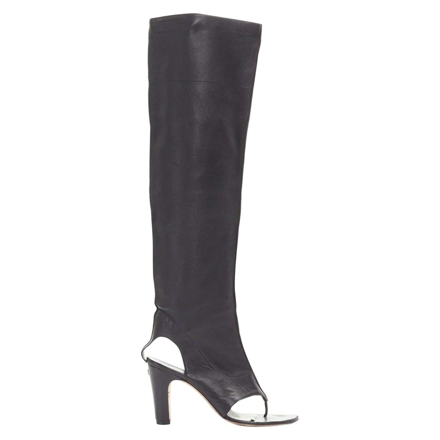 CHANEL 12C black stretch soft leather open toe thong sandal CC heel ...
