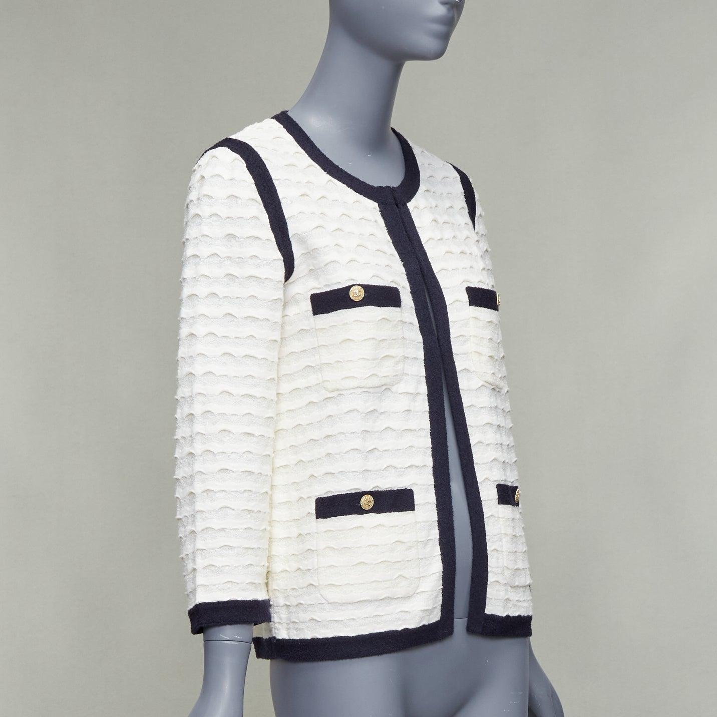 Gray CHANEL 12C ivory black cotton cashmere gold CC 4 pocket cardigan jacket FR36 S For Sale