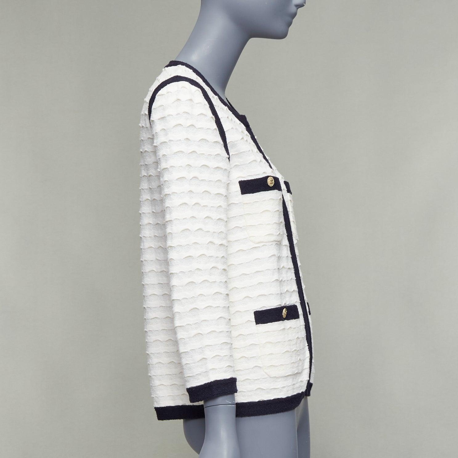 CHANEL 12C ivory black cotton cashmere gold CC 4 pocket cardigan jacket FR36 S In Excellent Condition For Sale In Hong Kong, NT