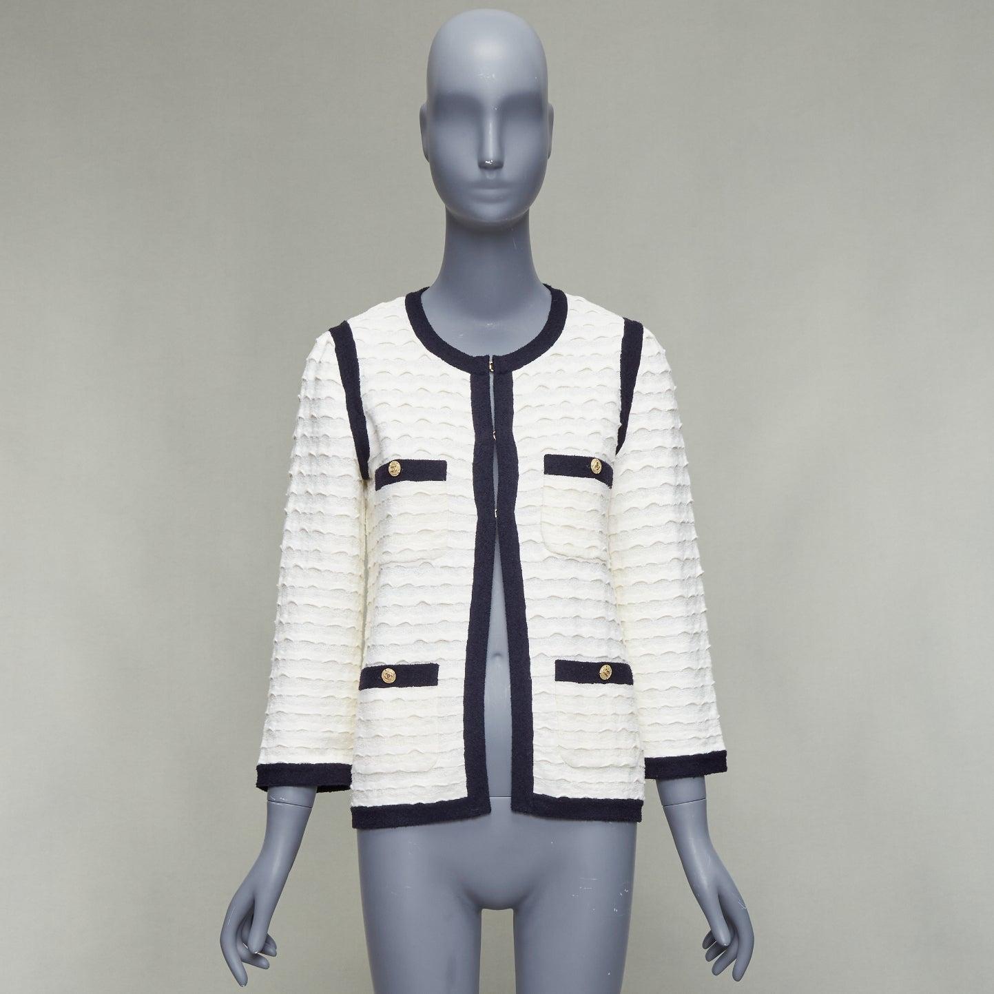 CHANEL 12C ivory black cotton cashmere gold CC 4 pocket cardigan jacket FR36 S For Sale 4