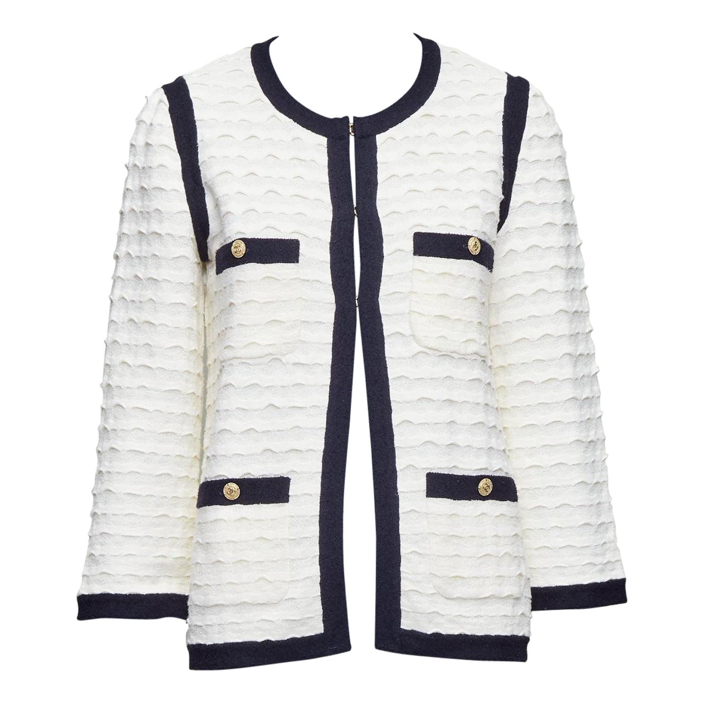 CHANEL 12C ivory black cotton cashmere gold CC 4 pocket cardigan jacket FR36 S