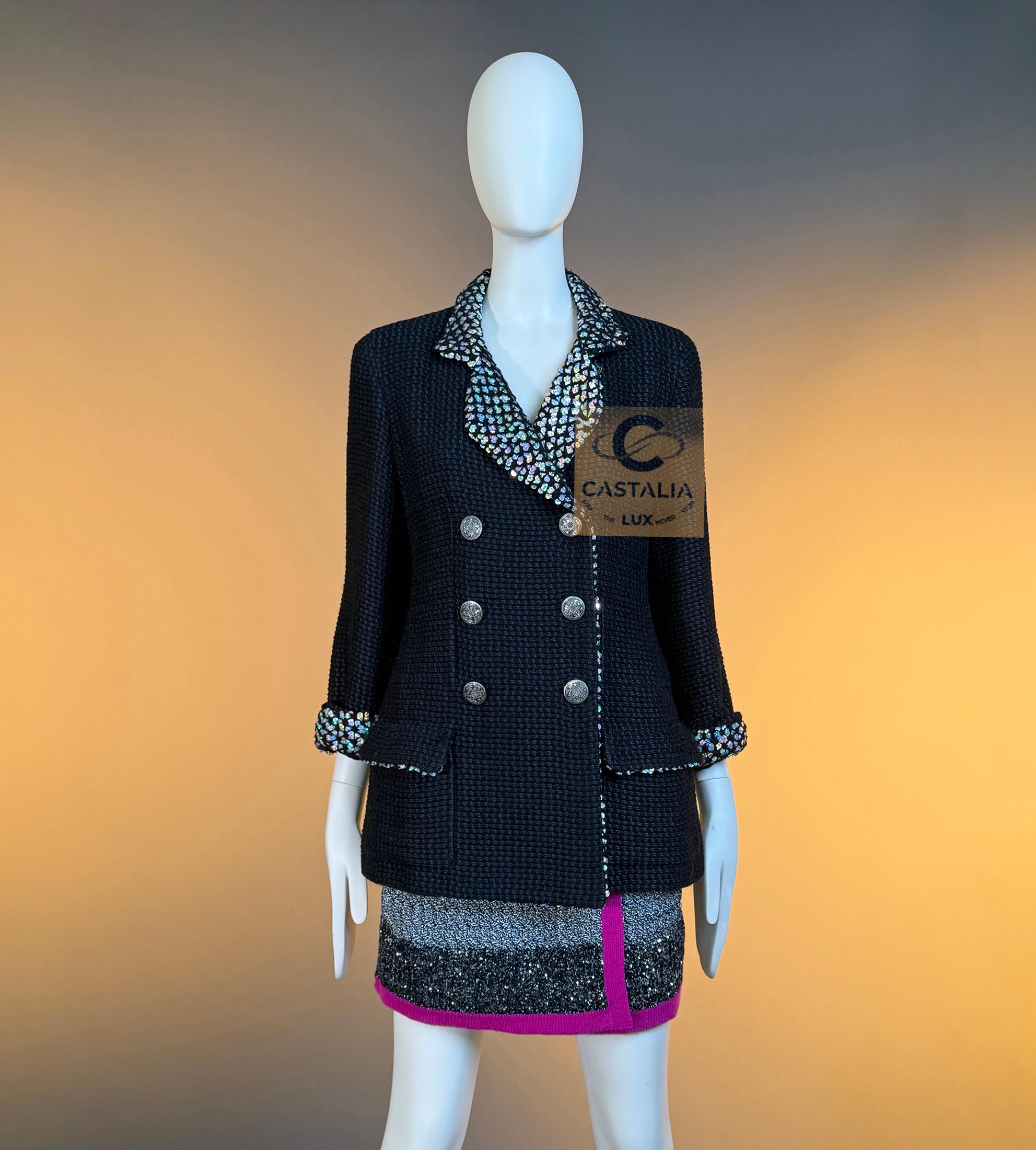CHANEL 12K$ Veste en tweed noir avec paillettes 40 FR Unisexe en vente