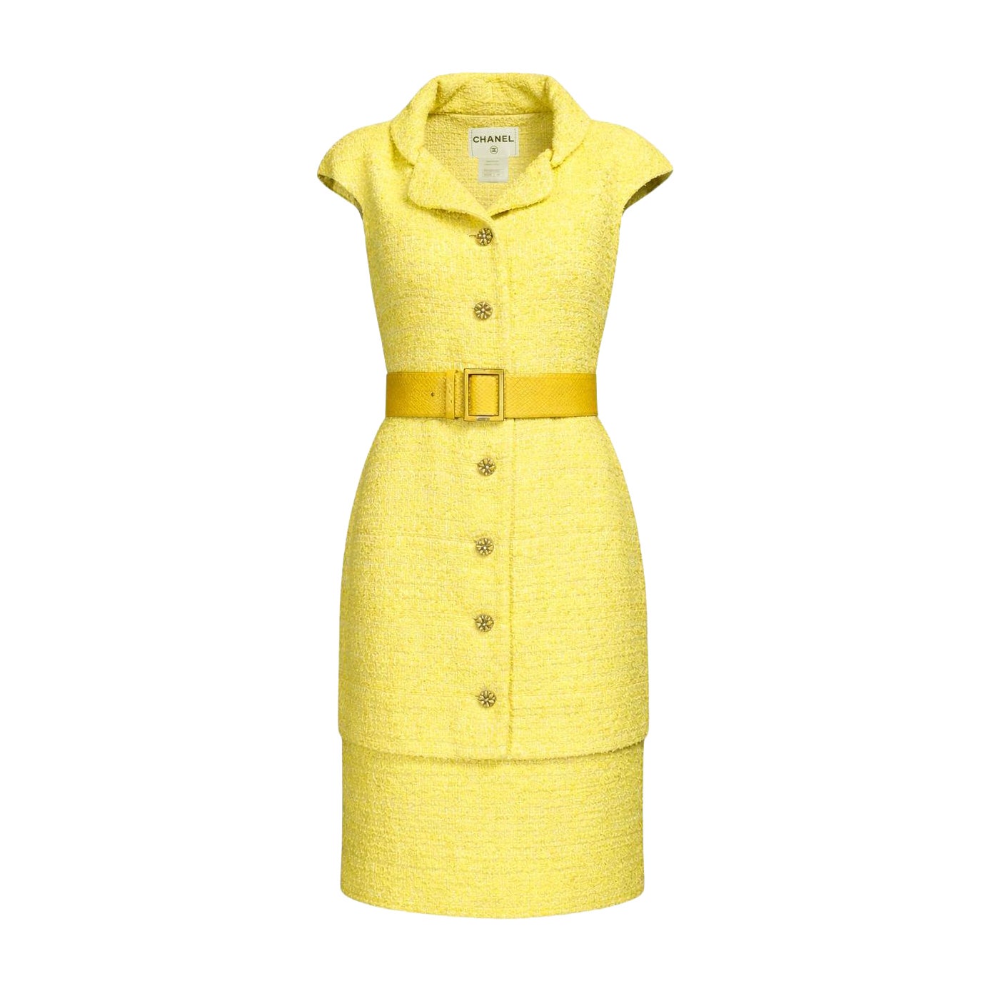 CHANEL 12K$ Iconic Yellow Tweed Dress with Belt 40 FR