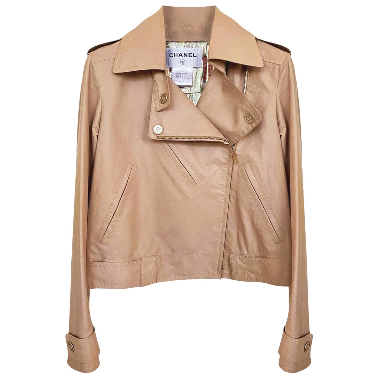 Chanel 12K$ Paris / DUBAI Beige Leder Biker Jacke 34 FR im Angebot