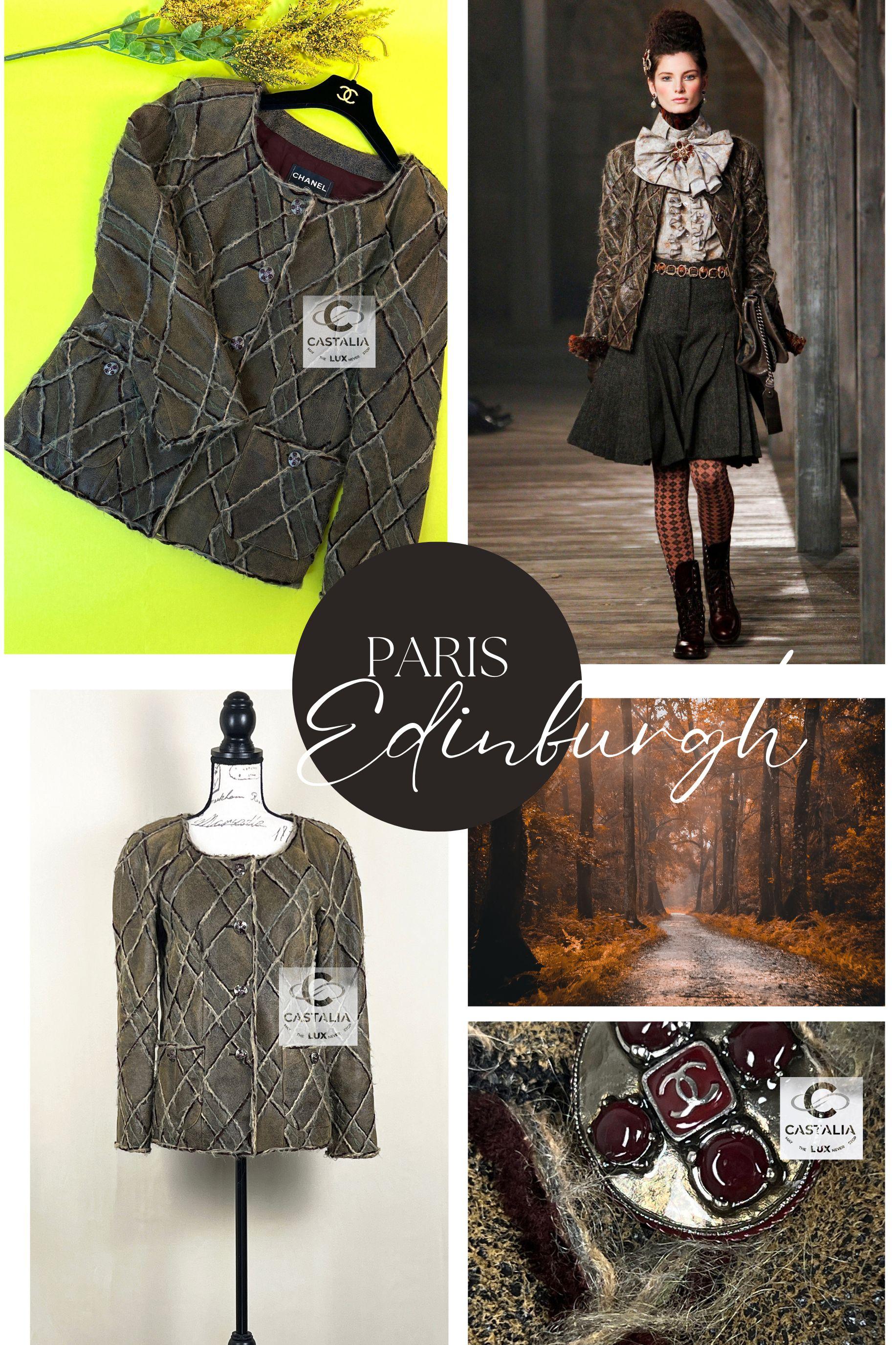 Ultimately rare Chanel tan brown leather jacket with tweed quilted motifs -- from Runway of Paris / EDINBURGH Collection, 2013 Metiers d'Art 
Boutique price over 12,000$. Price on ebay 9,999$
- CC jewel Gripoix buttons
- tonal silk lining with