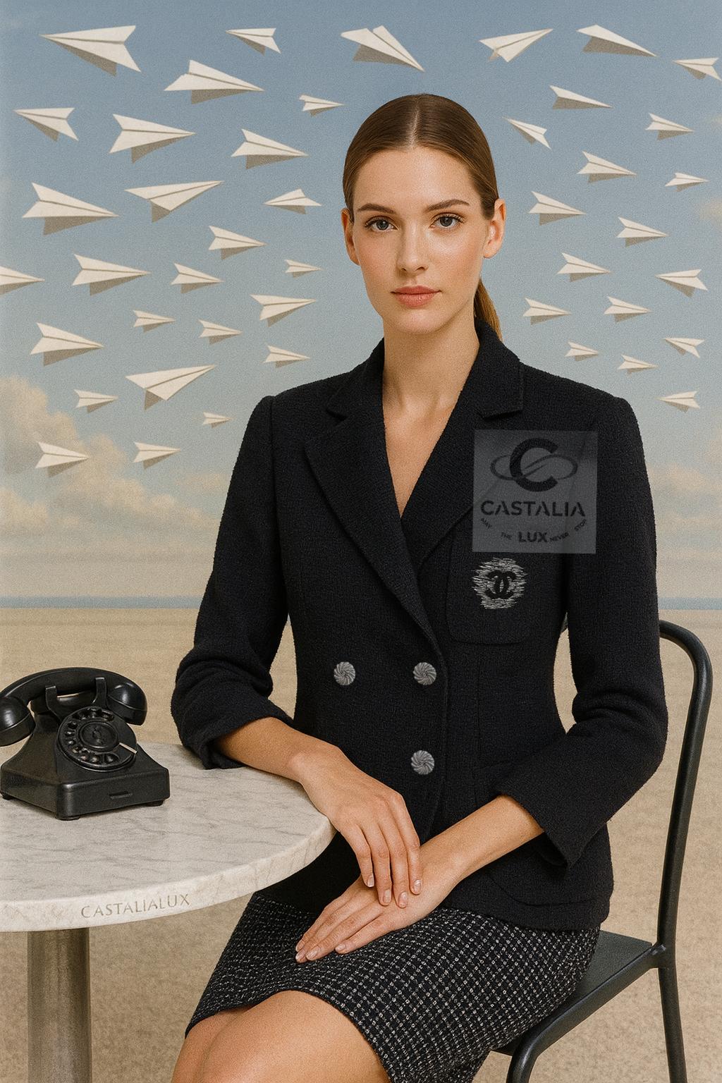 Ikonische schwarze Tweedjacke von Chanel mit gesticktem CC-Aufnäher,
 Eine museumswürdige Investition in das tragbare Erbe, die Funktion mit der metaphysischen Ausgewogenheit eines Artefakts verbindet, das dazu bestimmt ist, sein Jahrhundert zu