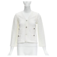 CHANEL 12P cream crochet lace knit silver CC 4 pocket cardigan jacket FR38 M