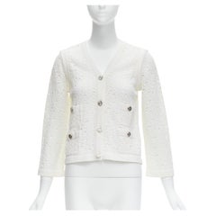 CHANEL 12P crema, maglia di pizzo all'uncinetto e argento CC 4 tasche, giacca cardigan FR38 M