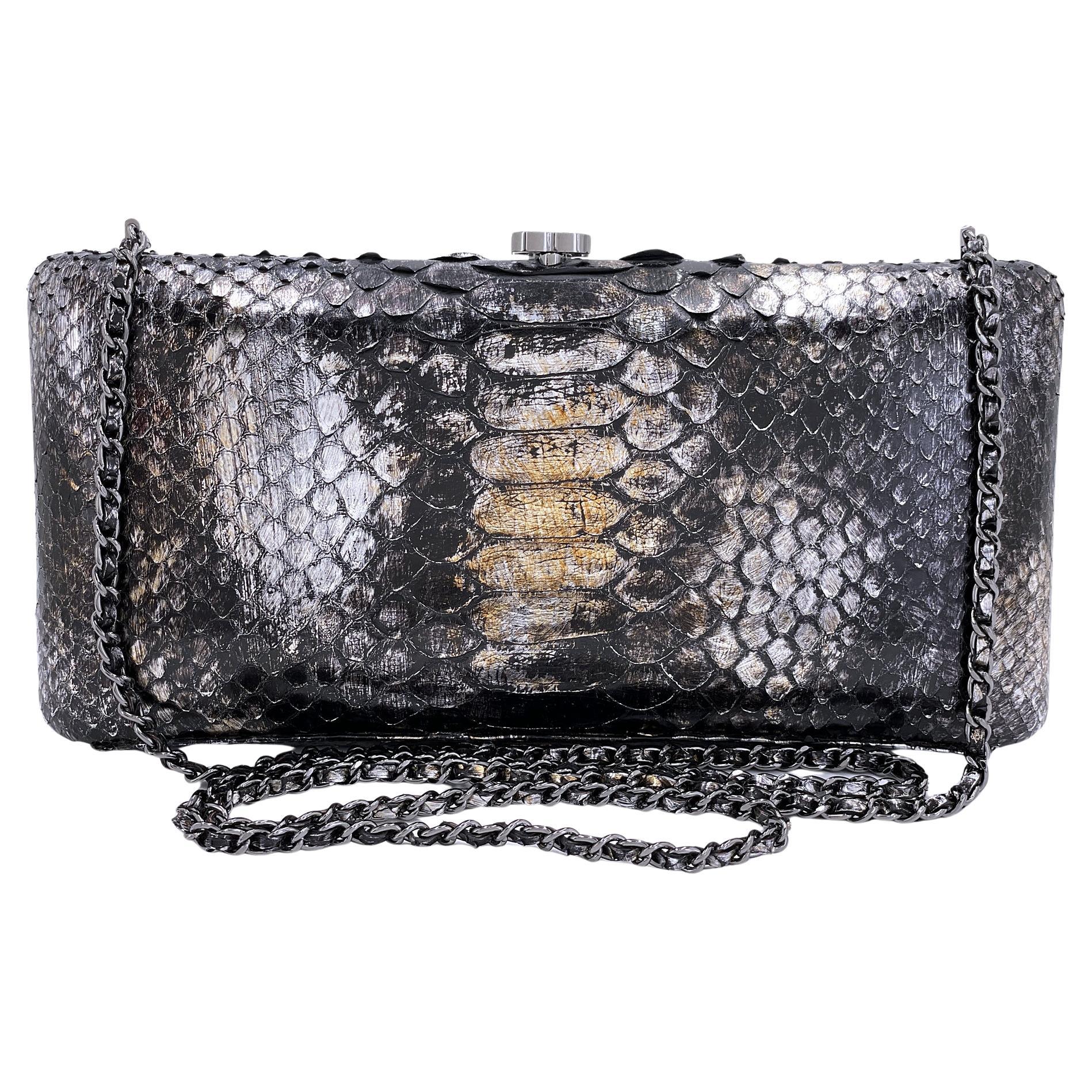 Chanel 13A Paris-Edinburgh Silver Ombre Python Clutch on Chain Evening Bag 68467 For Sale