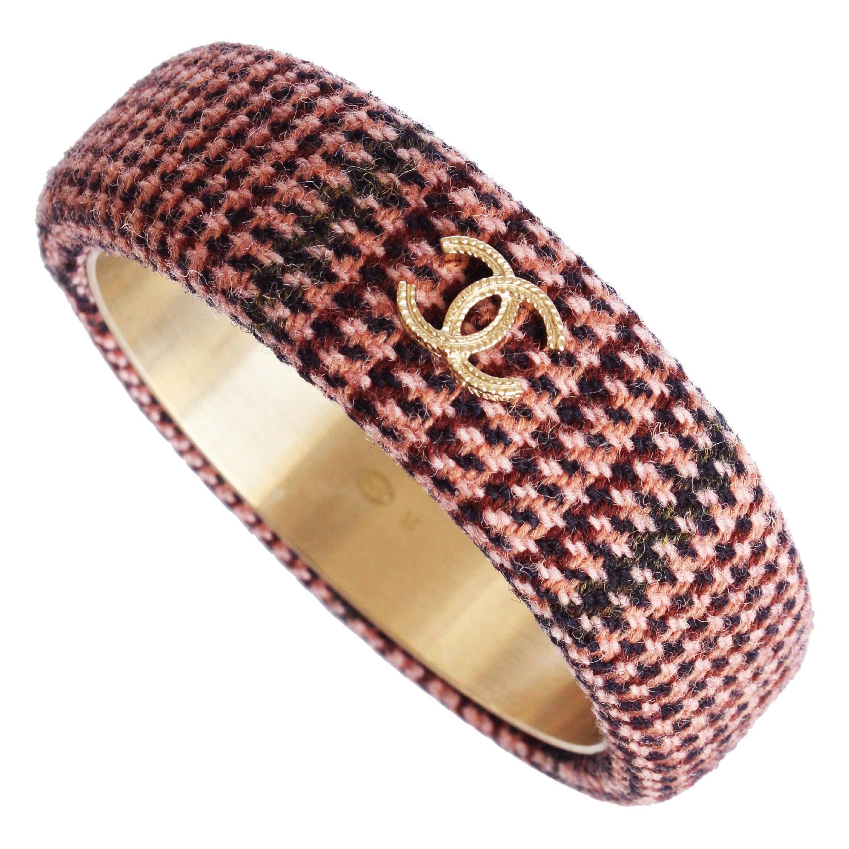 Chanel 13A Pink Multicolor Tweed Bangle Bracelet with Gold CC Logo Box NOS For Sale