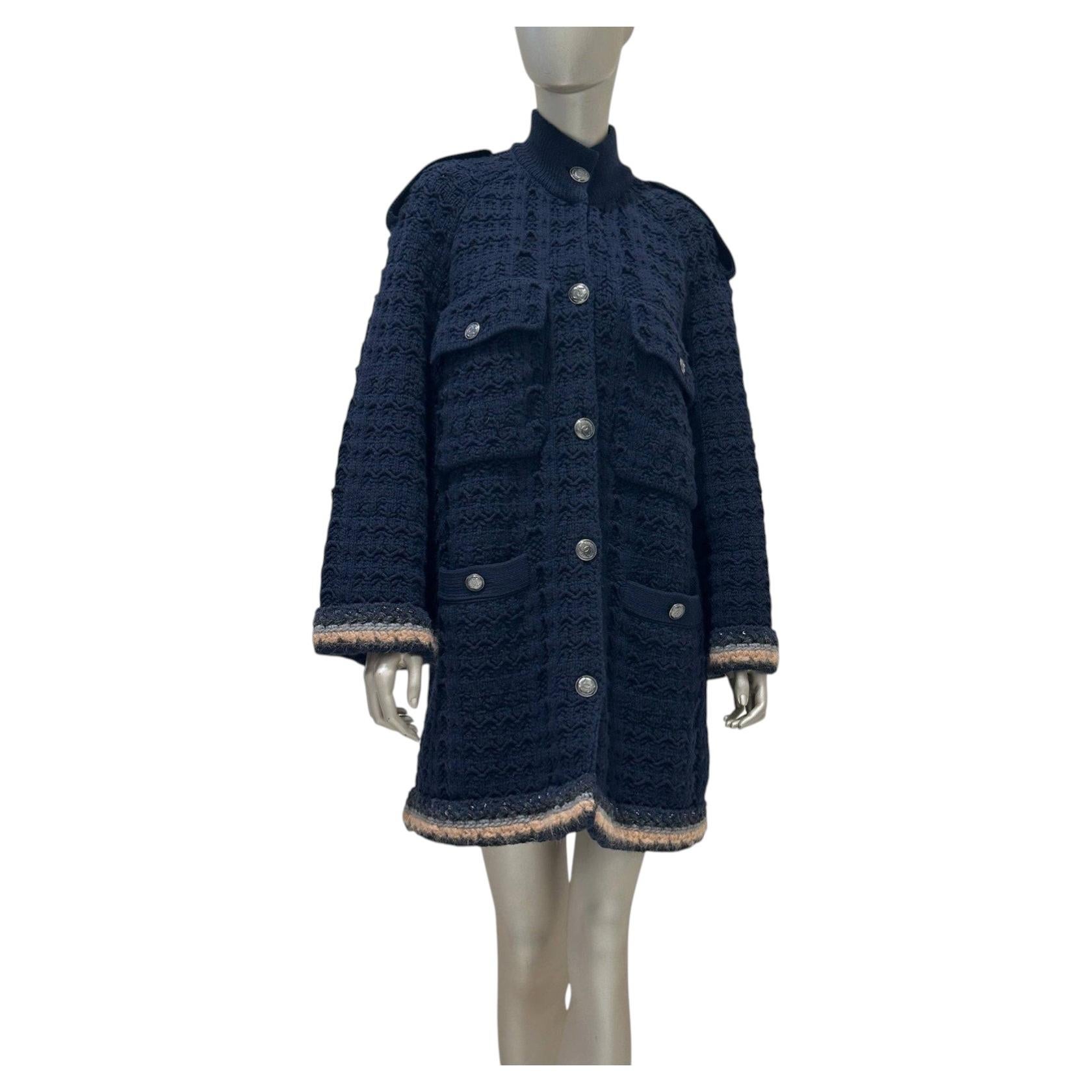 Chanel 13B Schwarzer Pullovermantel aus Wolle und Kaschmir mit grobem Strickmuster, Größe 38