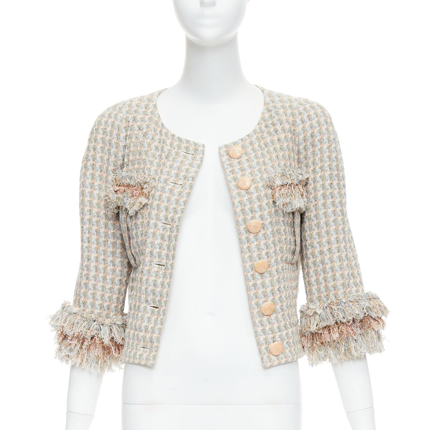 Beige CHANEL 13C Rose Garden Lesage tweed ruffle detail cropped jacket FR38 M For Sale