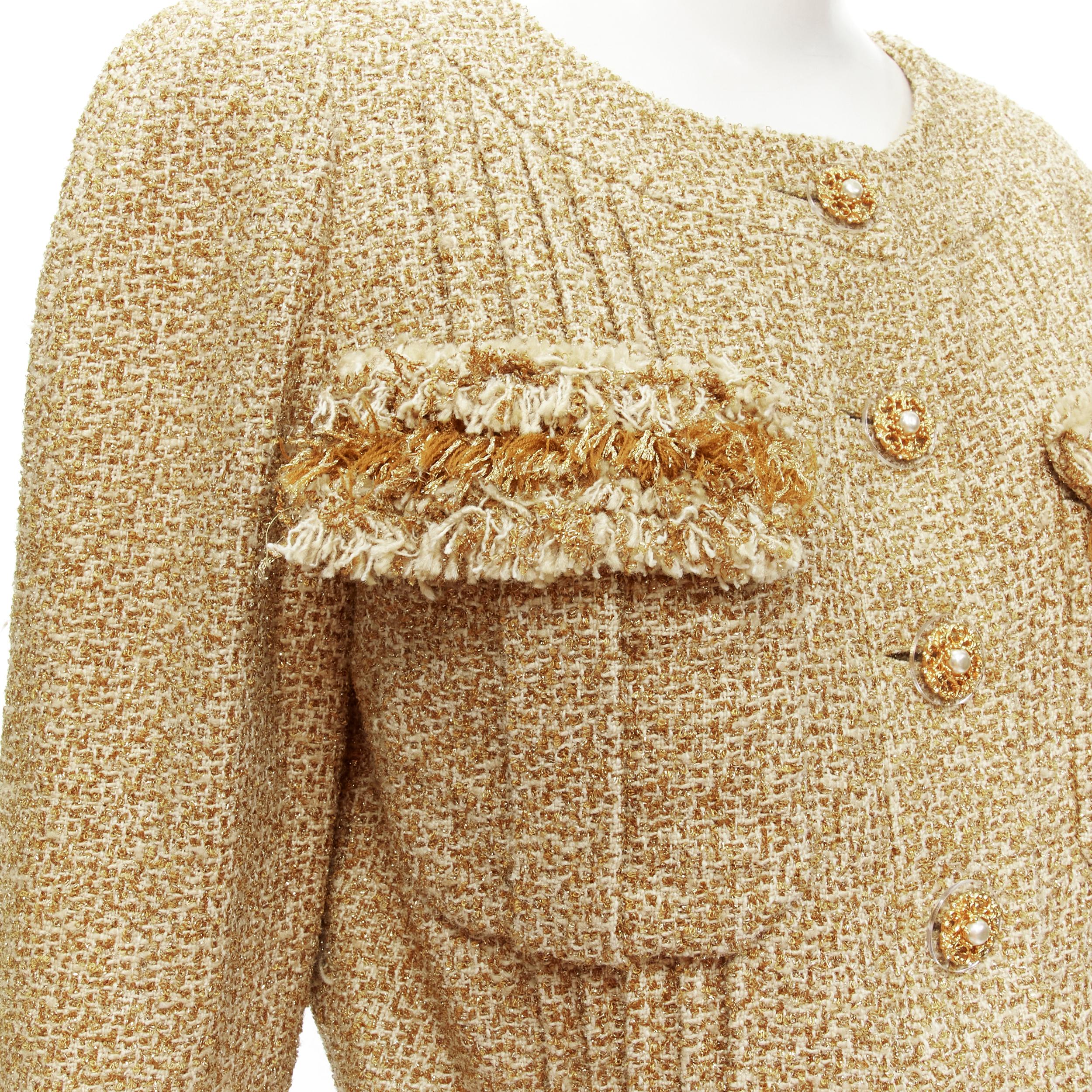 Chanel 13C Runway Versailles gold fluffy fringe CC button tweed jacket FR42 L
Reference: TGAS/C01862
Brand: Chanel
Designer: Karl Lagerfeld
Collection: 13C - Runway
Material: Tweed
Color: Gold
Pattern: Solid
Closure: Button
Lining: Gold Silk
Extra