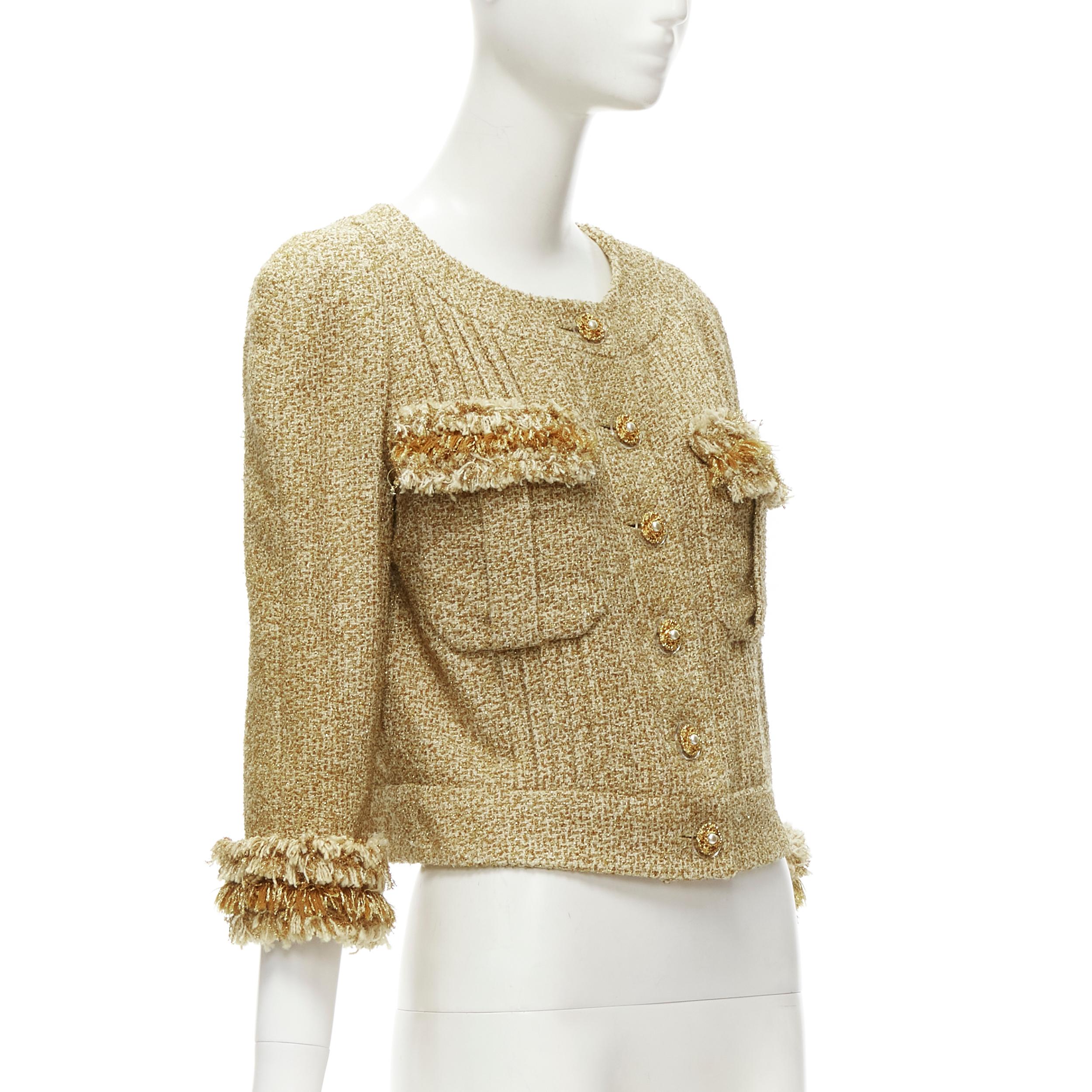 Chanel 13C Runway Versailles gold fluffy fringe CC button tweed jacket FR42 L In Excellent Condition In Hong Kong, NT