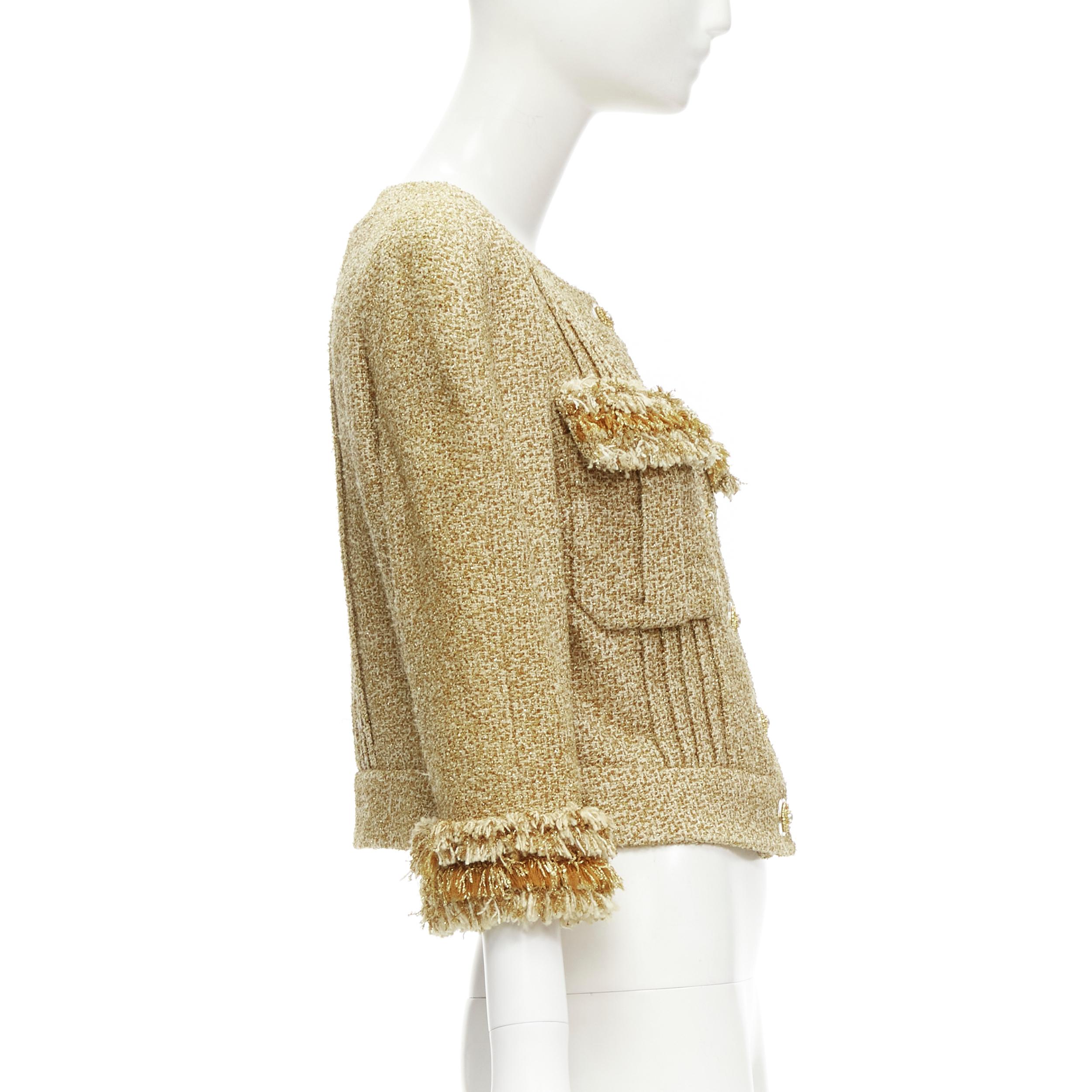 Women's Chanel 13C Runway Versailles gold fluffy fringe CC button tweed jacket FR42 L