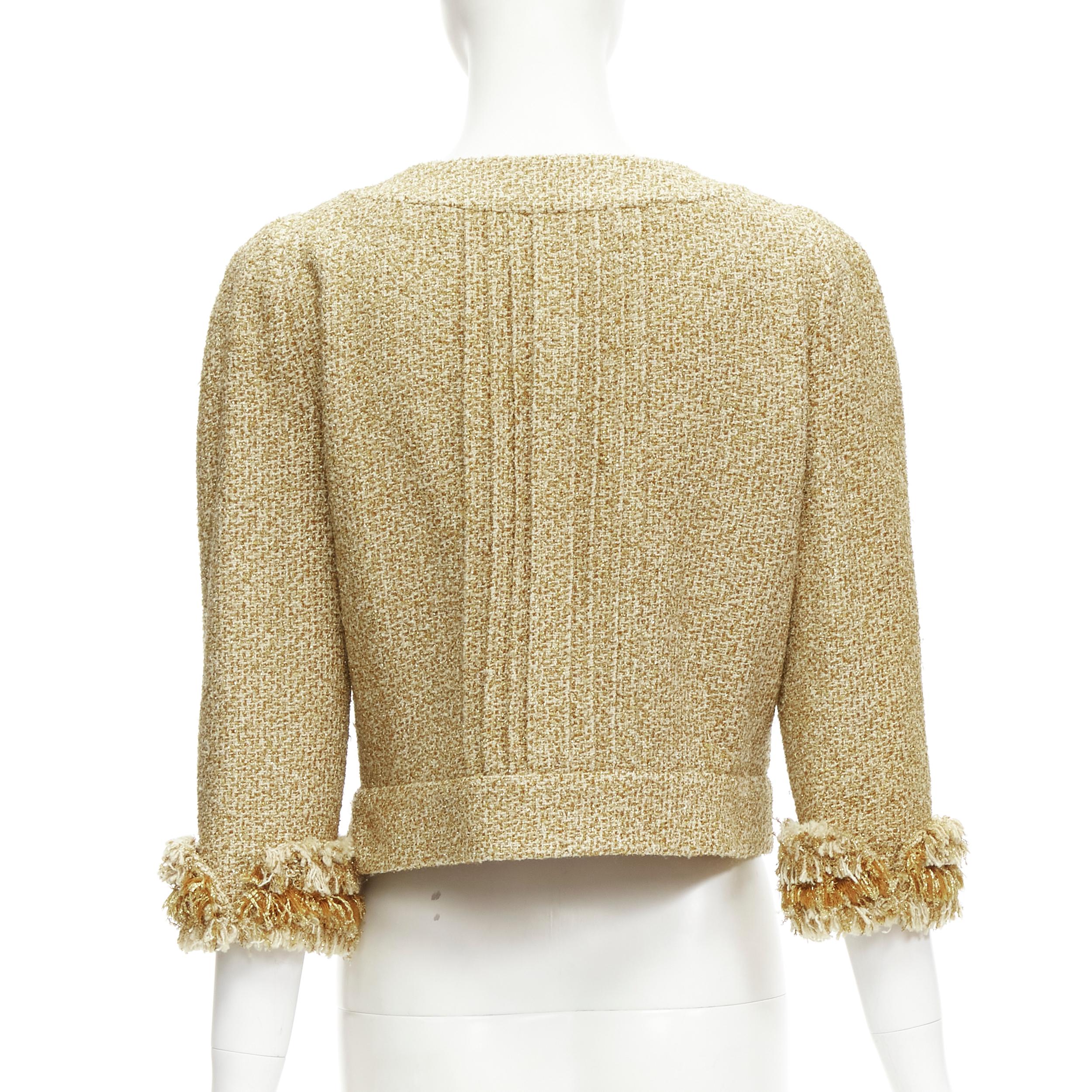Chanel 13C Runway Versailles gold fluffy fringe CC button tweed jacket FR42 L 1