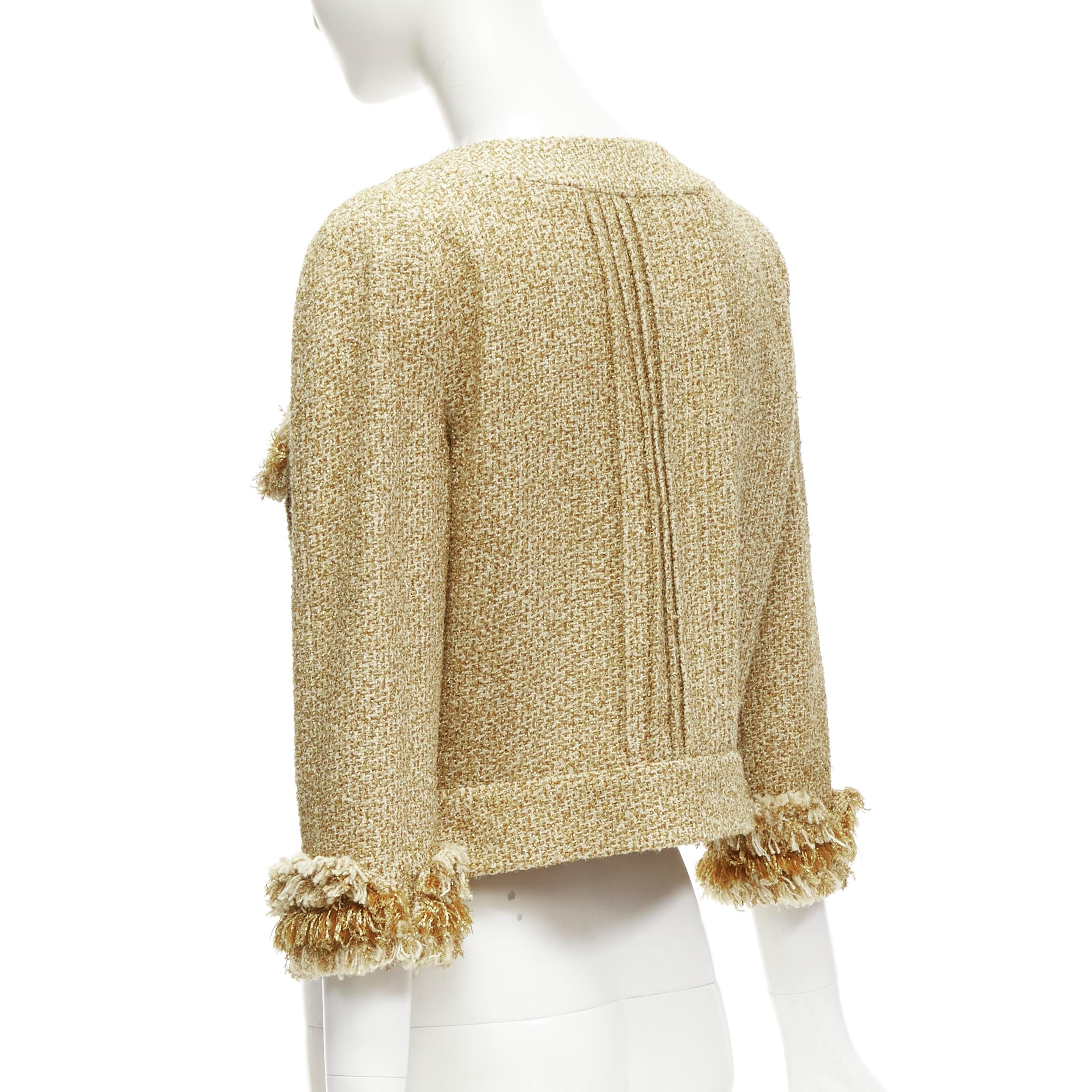 Chanel 13C Runway Versailles gold fluffy fringe CC button tweed jacket FR42 L 2