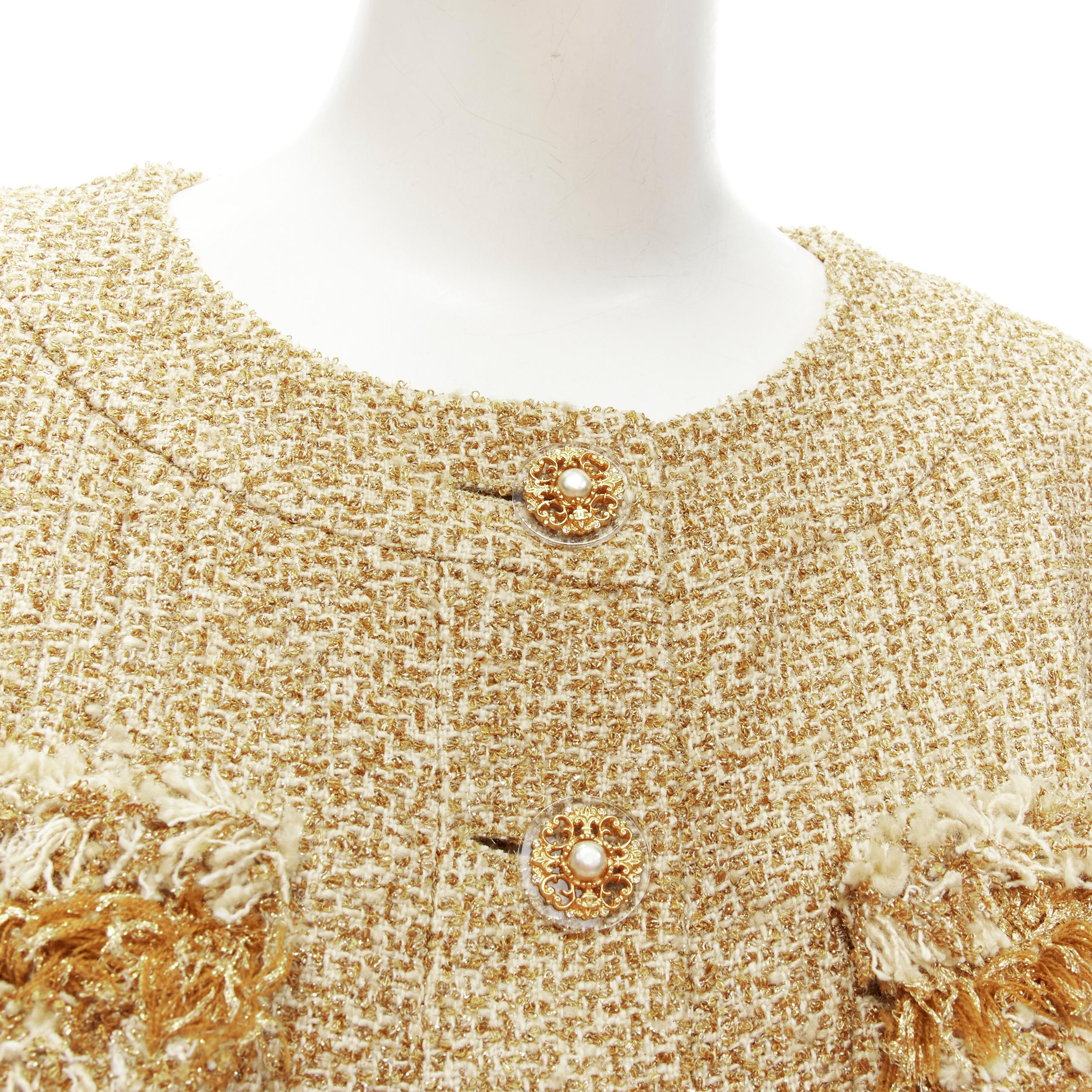 Chanel 13C Runway Versailles gold fluffy fringe CC button tweed jacket FR42 L 3