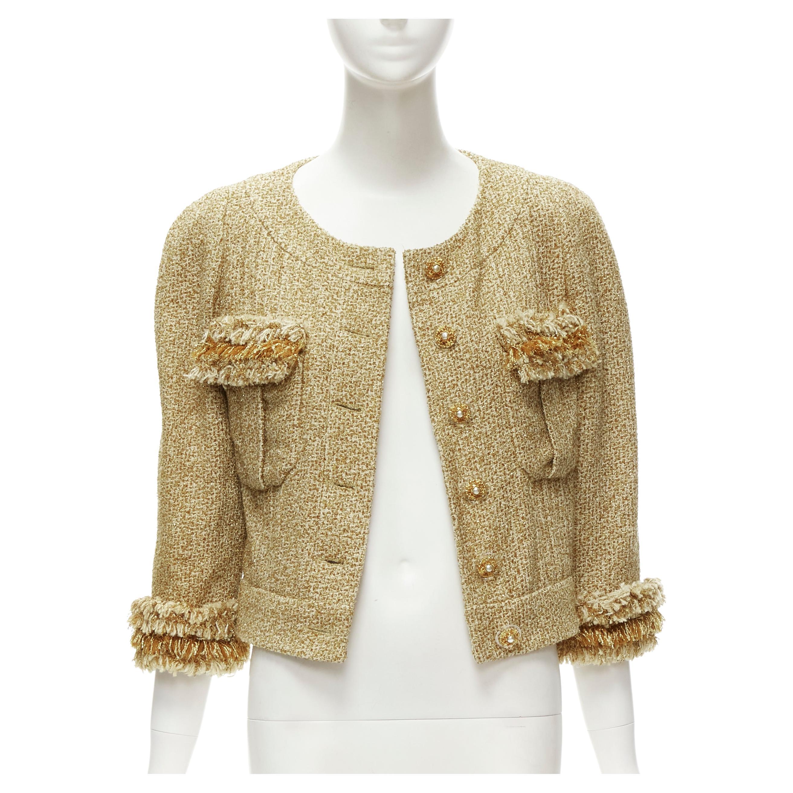 Chanel 13C Runway Versailles gold fluffy fringe CC button tweed jacket FR42 L