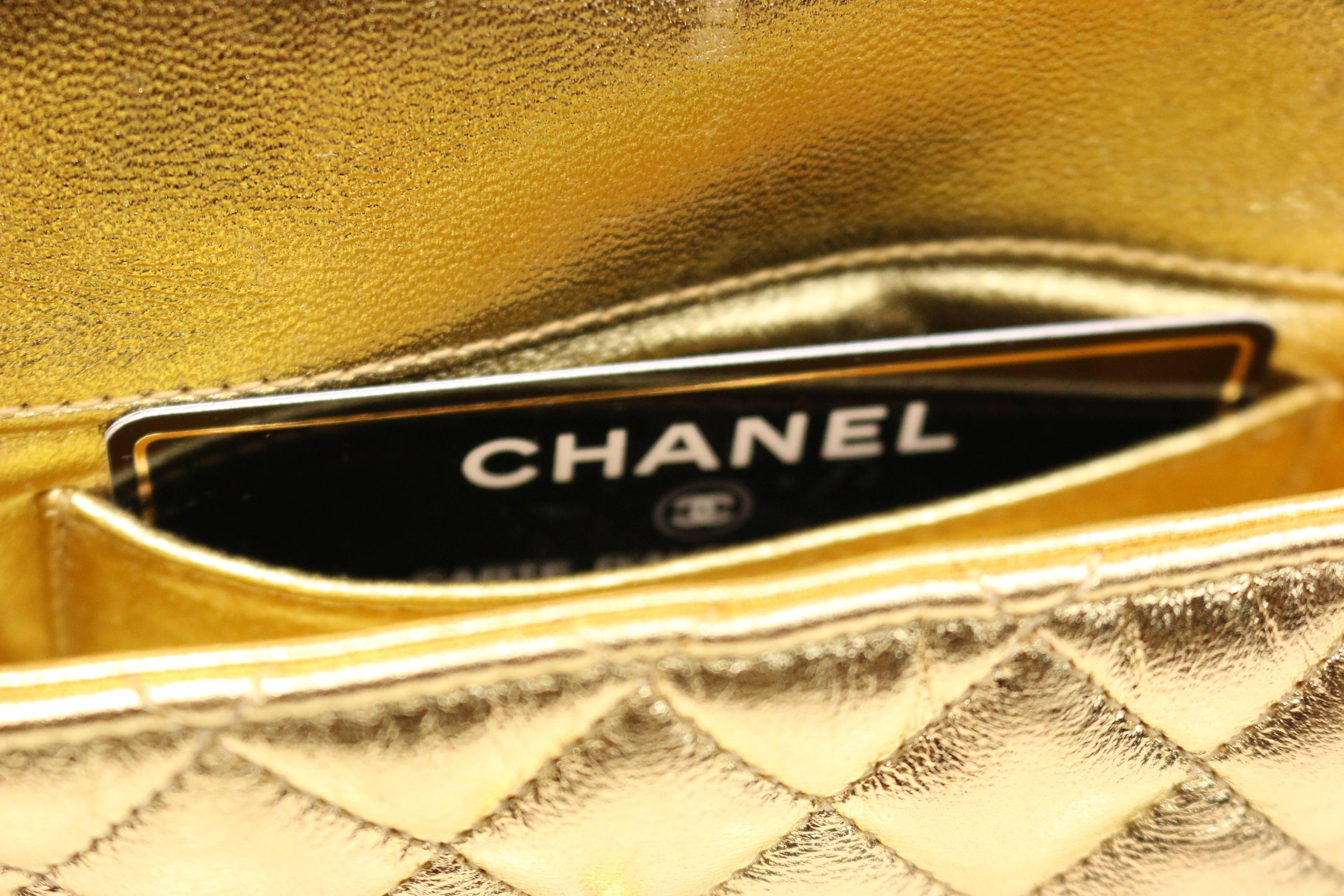 Chanel 13cm Gold Metallic Lambskin Quilted Flap Shoulder/ Hand Bag For Sale 2