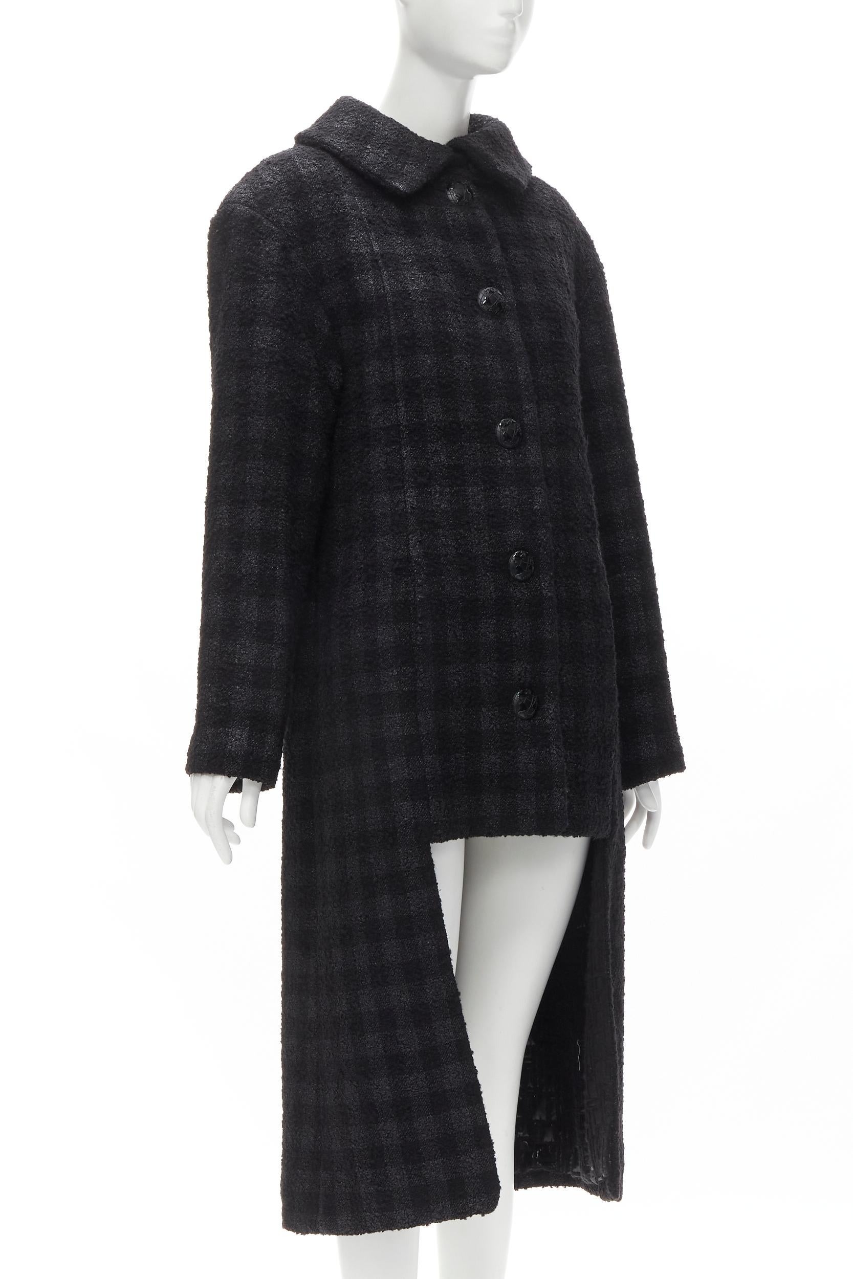 CHANEL 13K black lurex check tweed Globe CC button high low coat FR36 XS In Excellent Condition For Sale In Hong Kong, NT