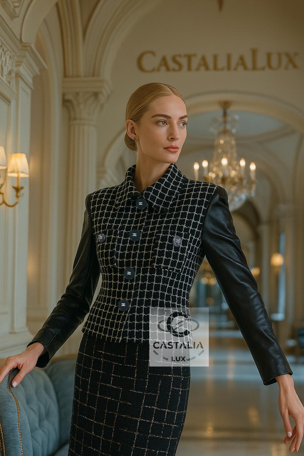 Chanel, giacca in tweed nero scintillante con maniche in pelle
 - Reliquia di Parigi / COSMOPOLITE 2017 Métiers d'Art 
//  Valore della boutique: oltre 13.000 dollari

 Una reliquia del vocabolario metafisico della Maison, allo stesso tempo