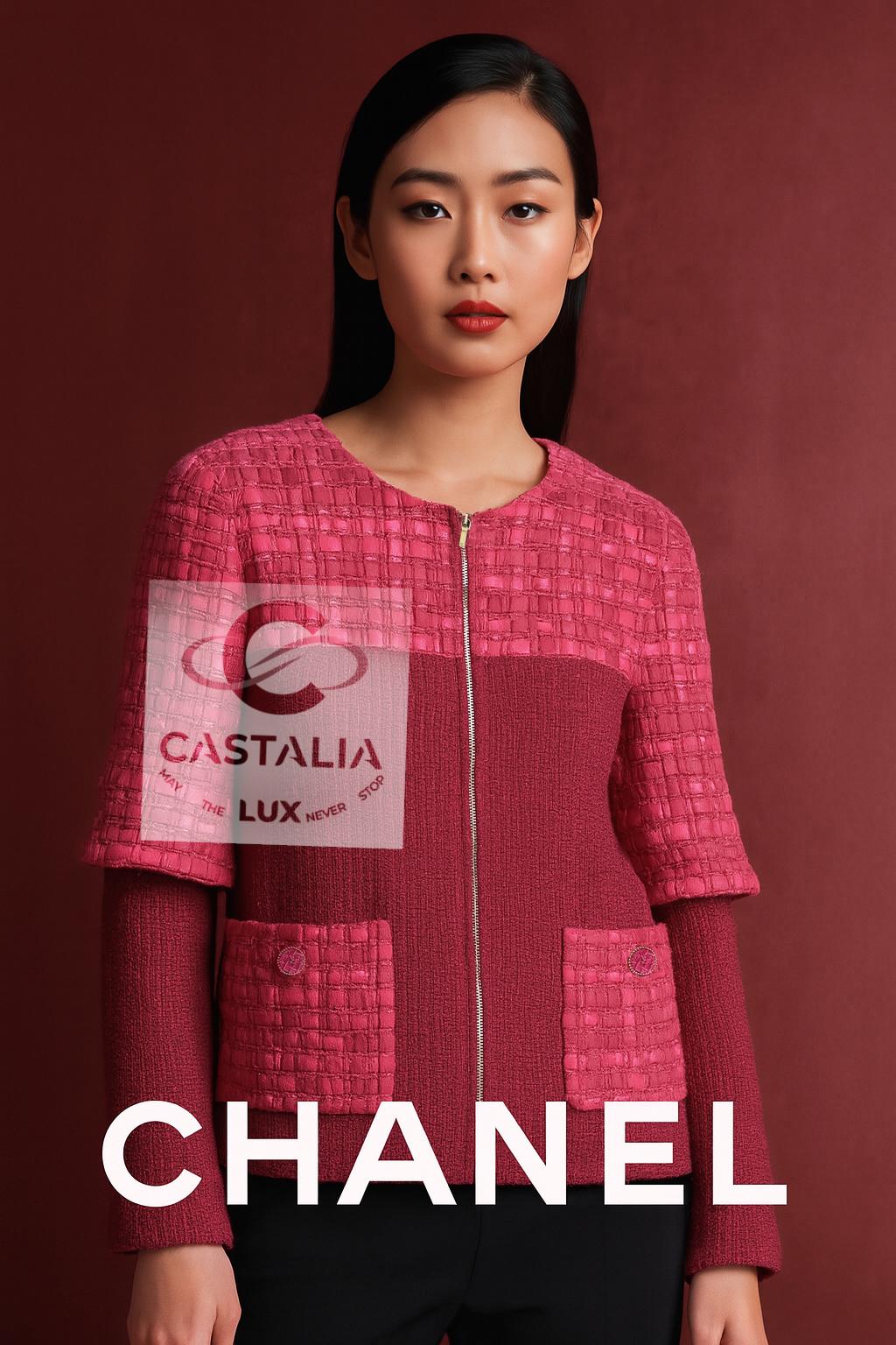 Chanel 13K$ Nueva chaqueta de tweed con cinta frambuesa 42 FR en Nuevo estado para la venta en Dubai, AE