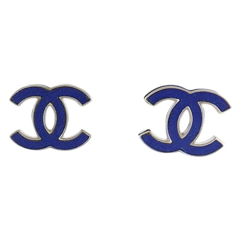 Chanel 13P Blue Enamel CC Logo Silvertone Earrings