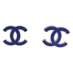 Chanel 13P Blue Enamel CC Logo Silvertone Earrings
