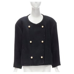 CHANEL 13P film braid CC pearl button double breasted black jacket FR44 XL